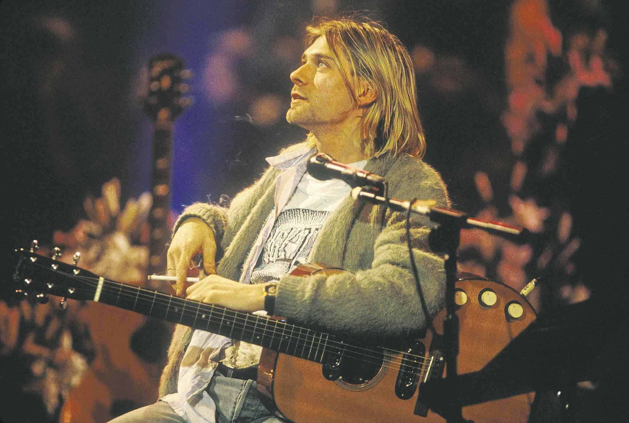 Kurt Cobain, acoustic guitar, stage, Full HD Desktop Wallpaper