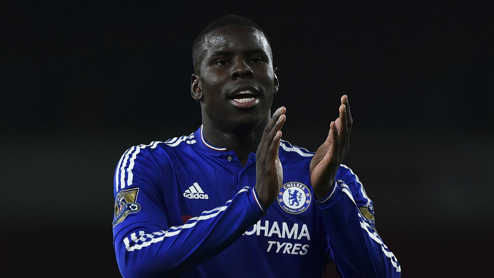 Kurt Zouma, blue Chelsea jersey, dark stadium background, Full HD Desktop Wallpaper