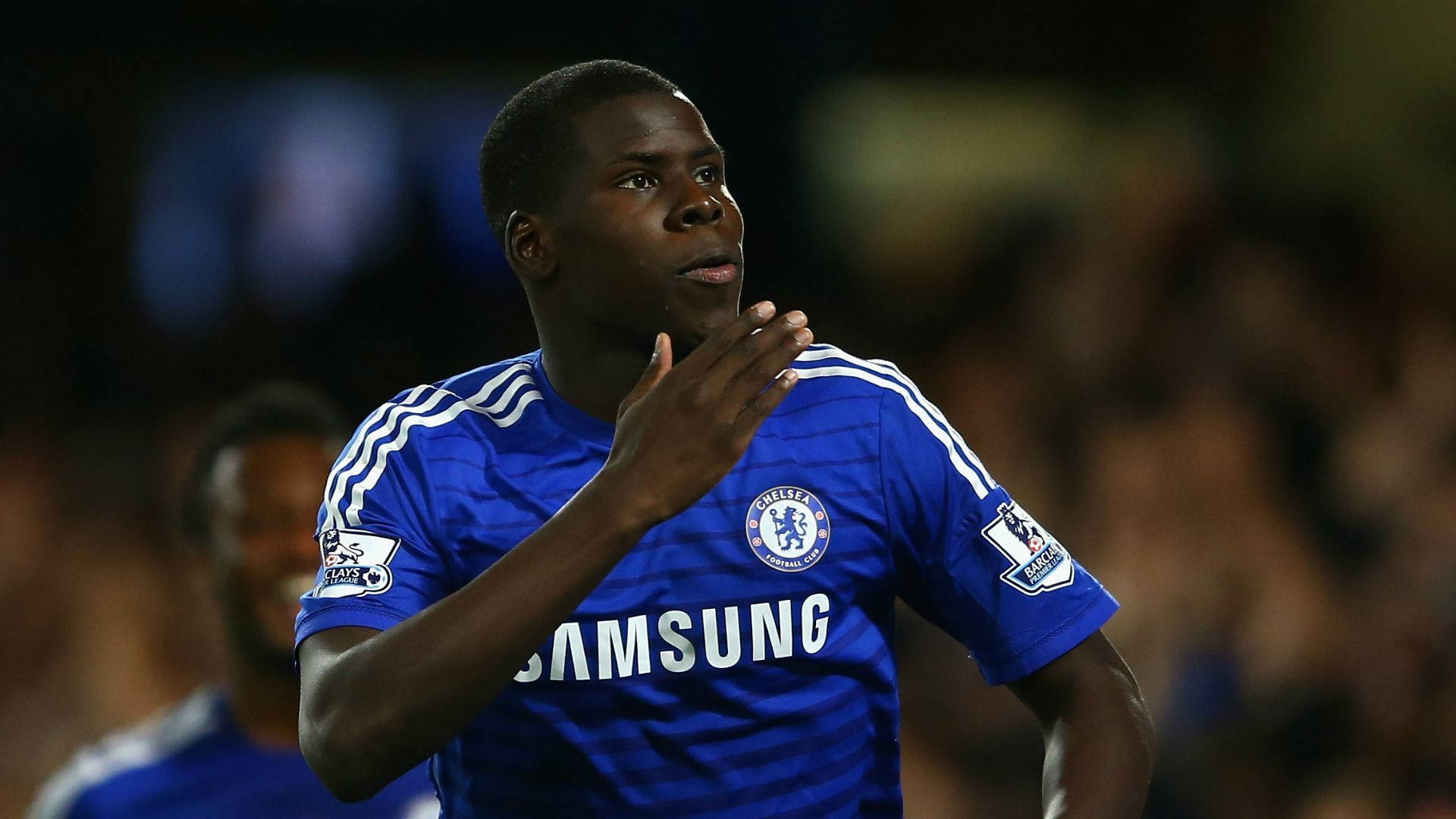 Kurt Zouma, blue Chelsea jersey, stadium lights, Full HD Desktop Wallpaper