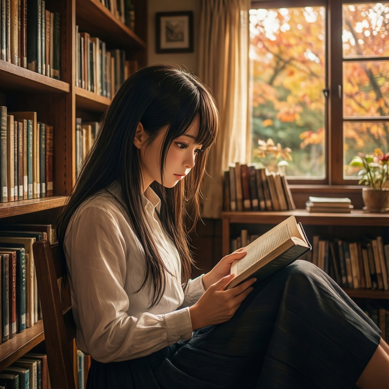 Kurusu Konochi, cozy library, warm lighting, HD Desktop Wallpaper