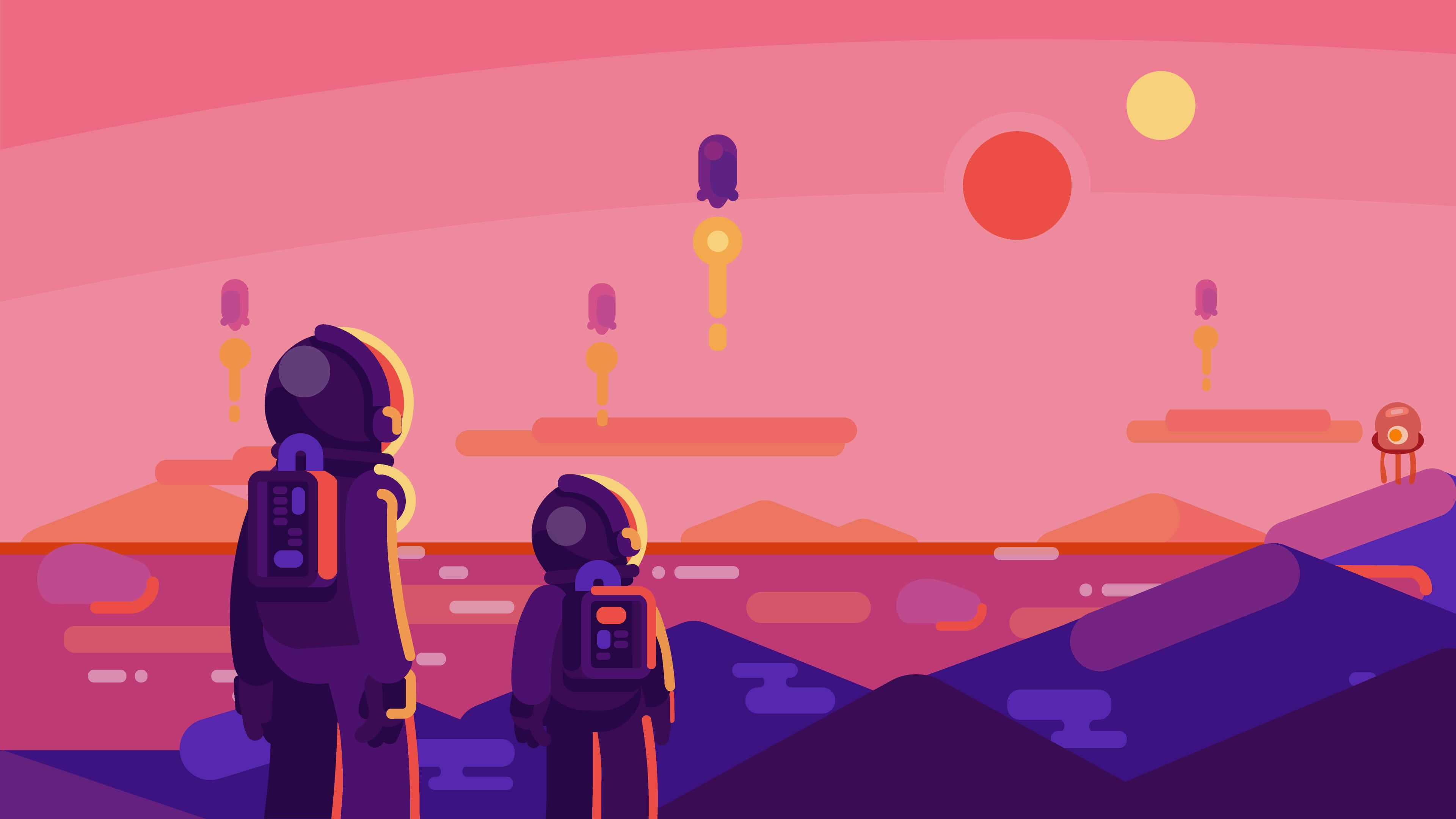 Kurzgesagt, purple suits, floating platforms, 4K Desktop Wallpaper