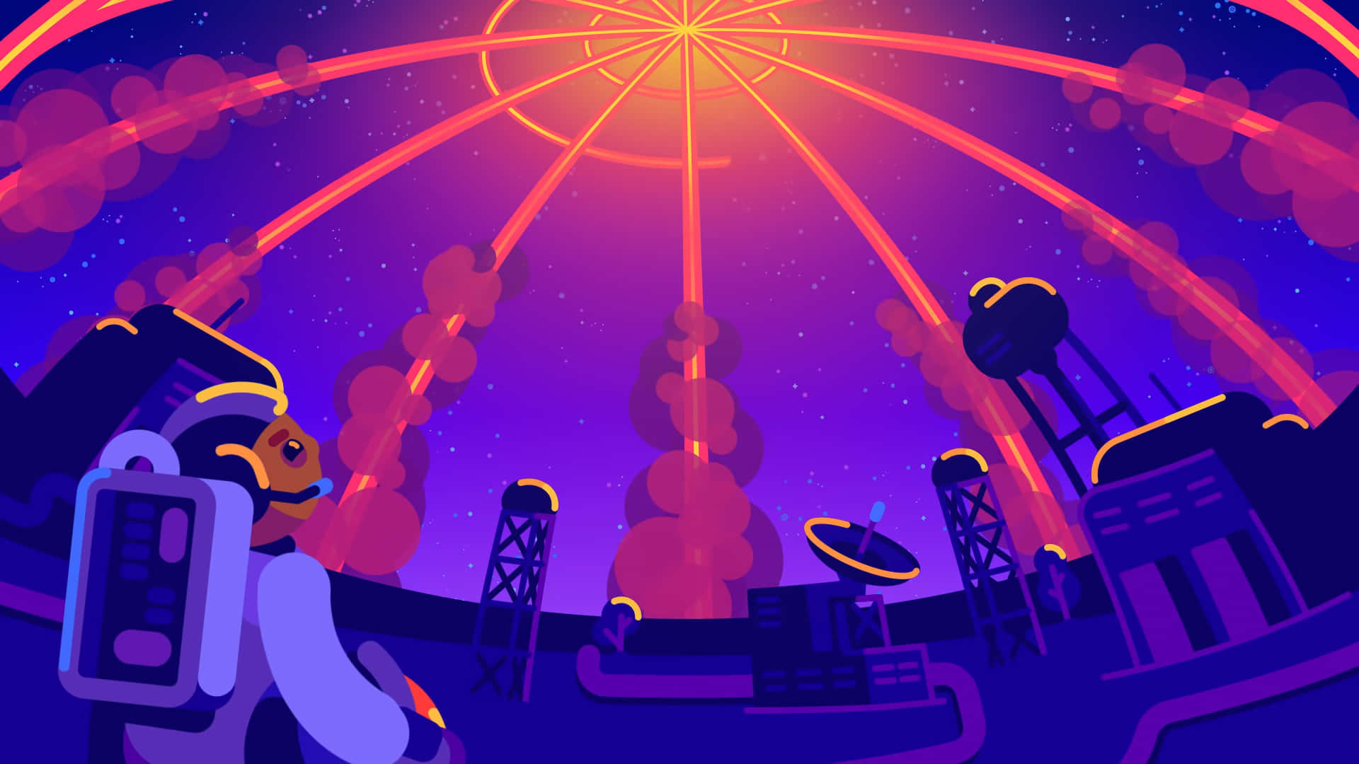 Kurzgesagt, glowing suit, radiant orange energy dome, Full HD Desktop Wallpaper
