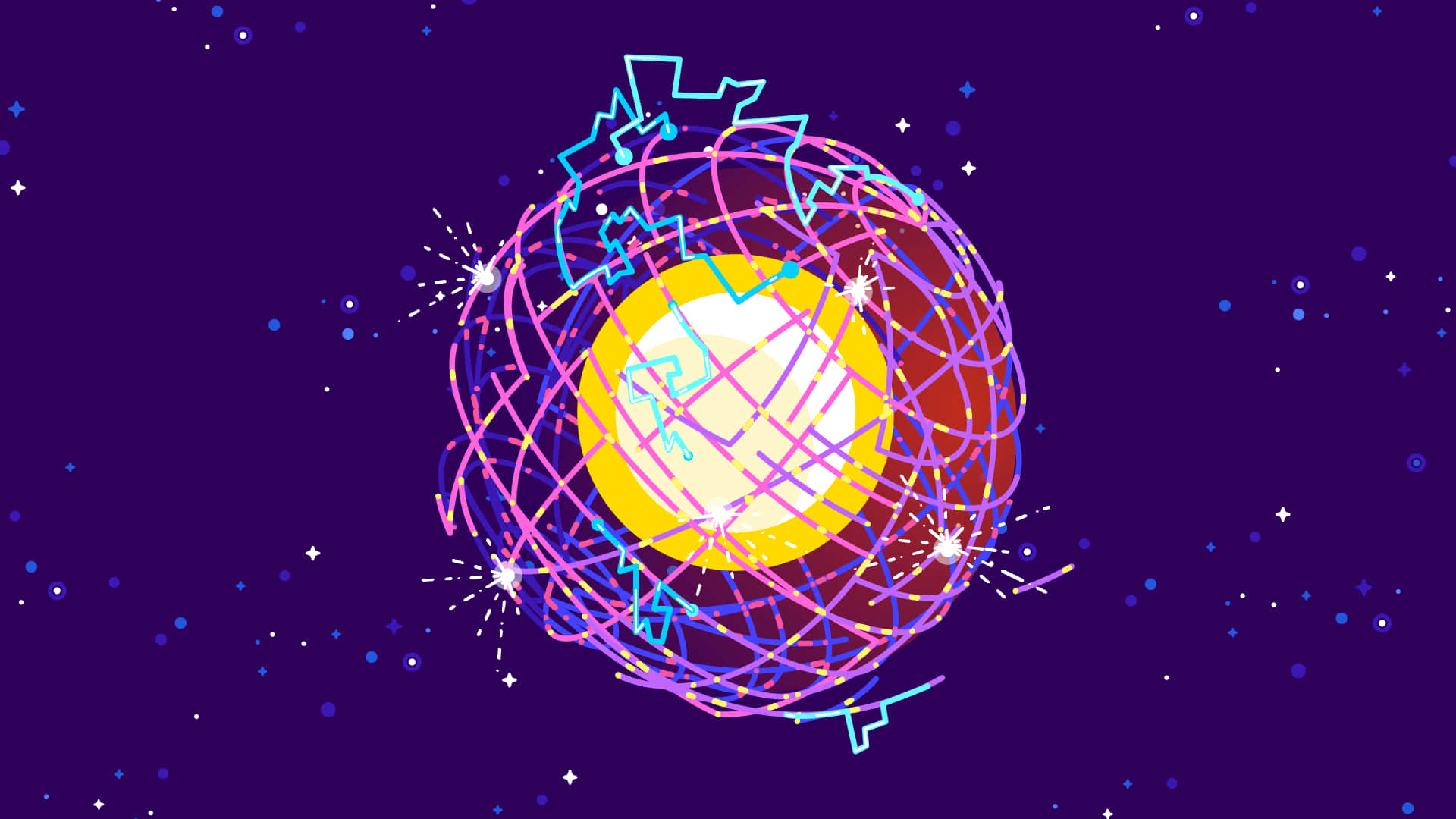 Kurzgesagt, glowing yellow orb, swirling pink purple and blue lines, Full HD Desktop Wallpaper