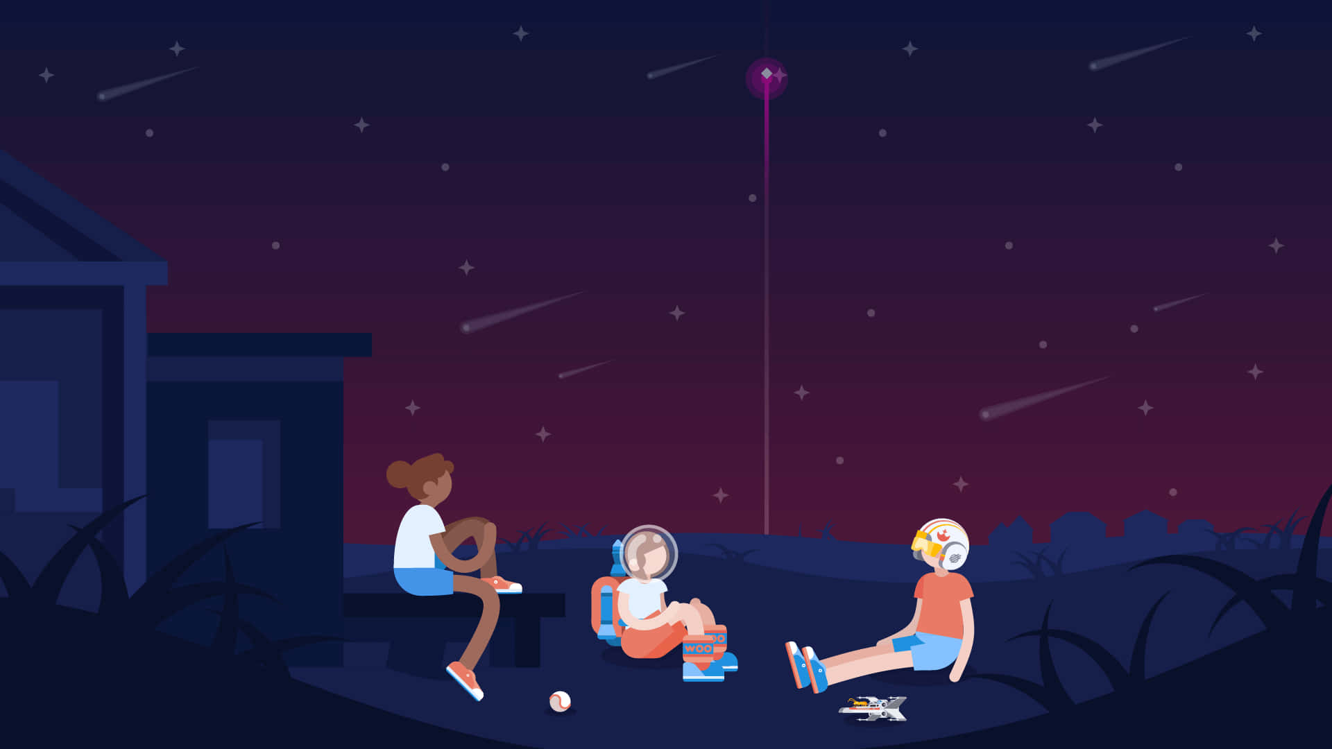 Kurzgesagt, starry night sky, shooting stars, Full HD Desktop Wallpaper