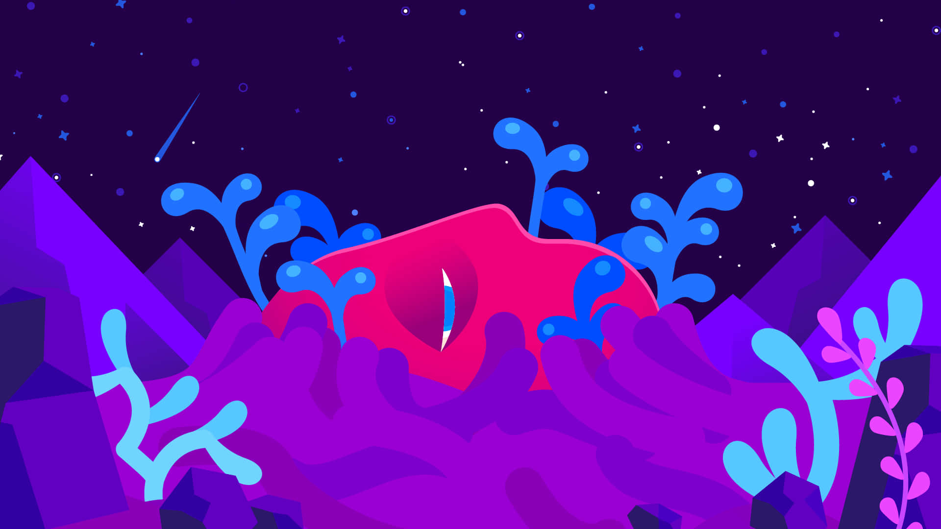 Kurzgesagt, pink sleeping creature, glowing purple mountains, Full HD Desktop Wallpaper