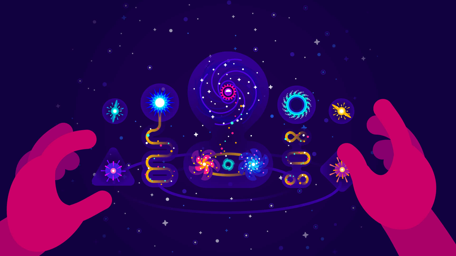 Kurzgesagt, magenta hands, glowing cosmic symbols, Full HD Desktop Wallpaper