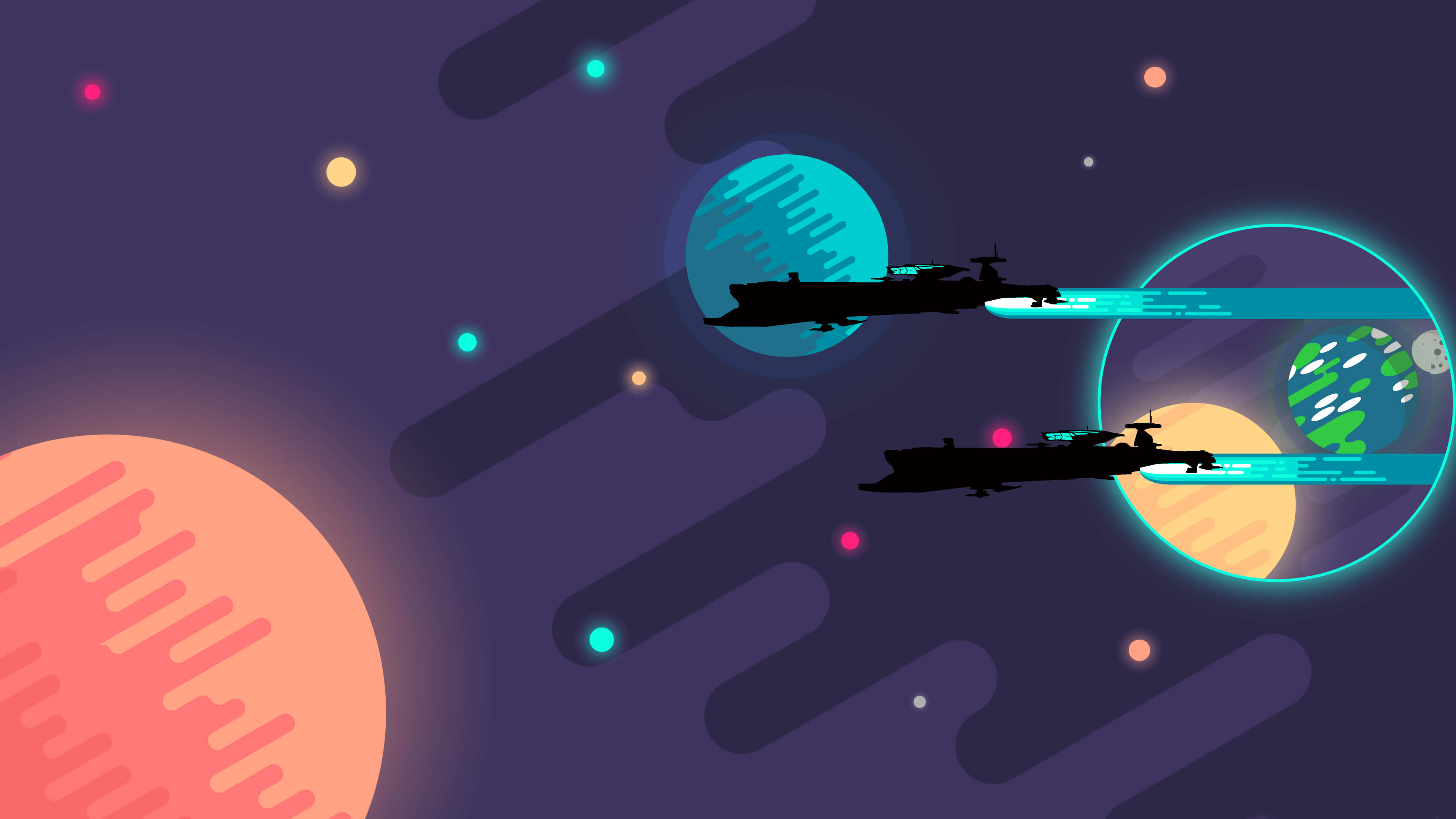 Kurzgesagt, spaceships, vibrant cosmic scene, 4K Desktop Wallpaper