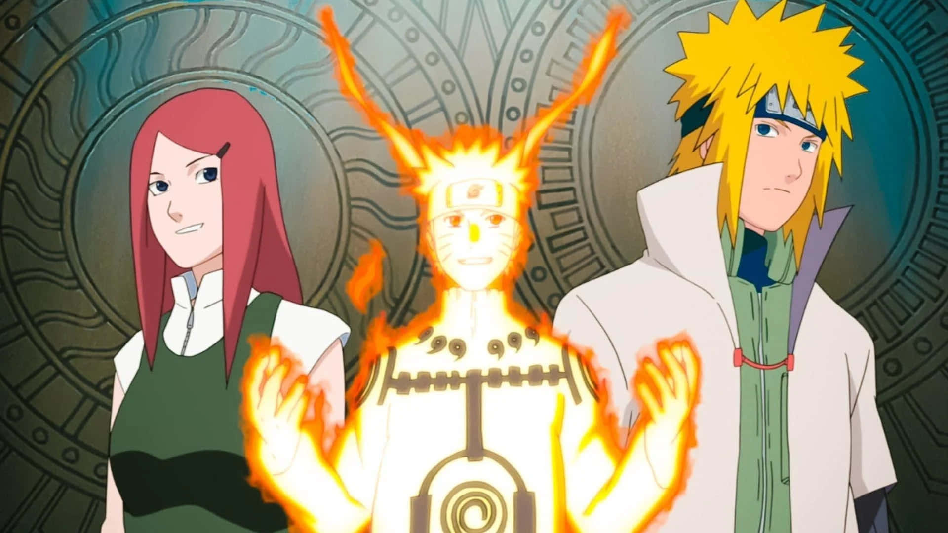 Kushina Uzumaki, fiery entity with antlers, circular patterned wall, Full HD Desktop Wallpaper
