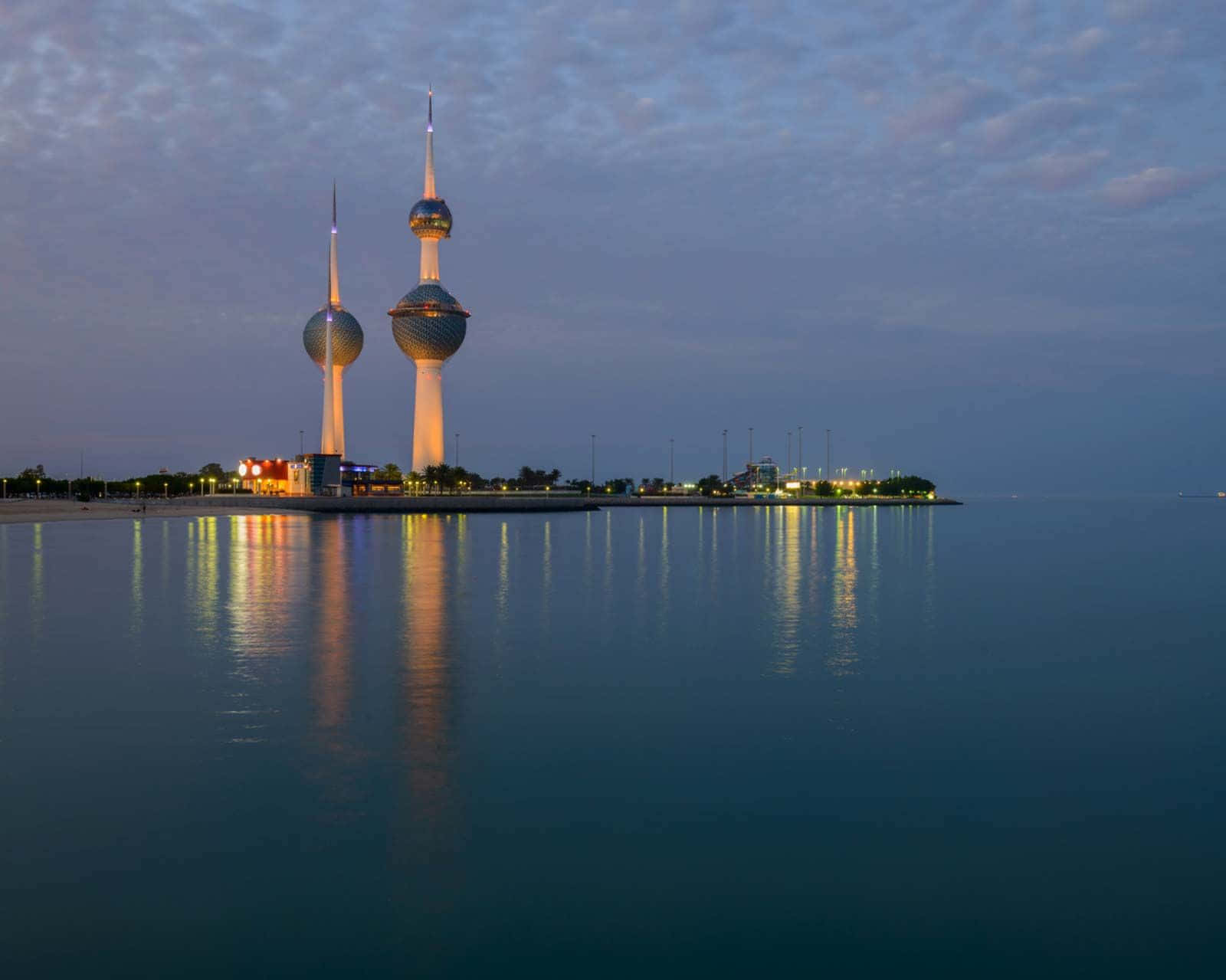 Kuwait Towers, twilight sky, calm waters, HD Desktop Wallpaper