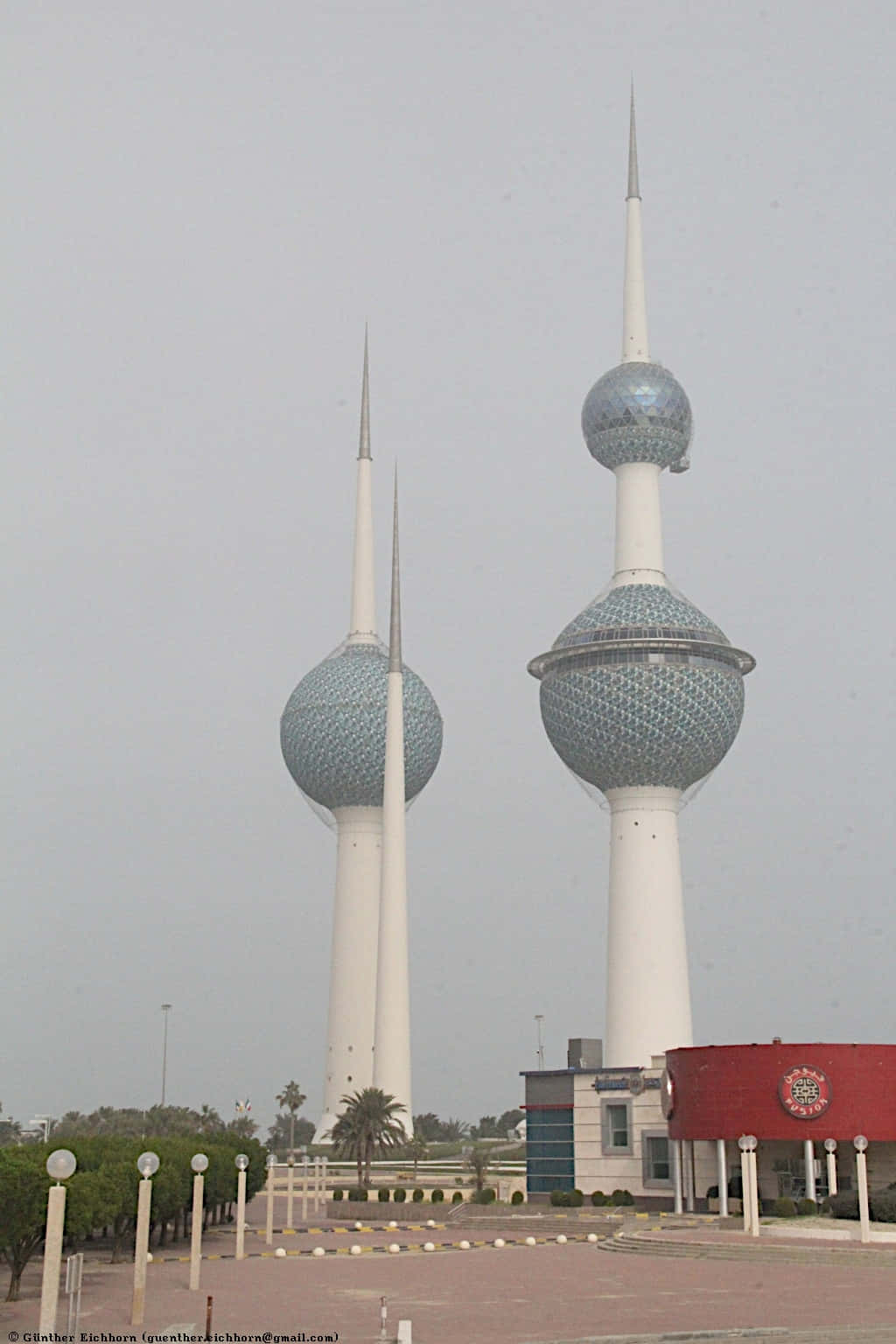 Kuwait Towers, blue mosaic spheres, hazy sky, HD Phone Wallpaper