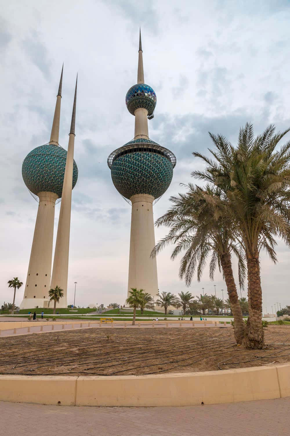 Kuwait Towers, blue mosaic spheres, cloudy sky, HD Phone Wallpaper