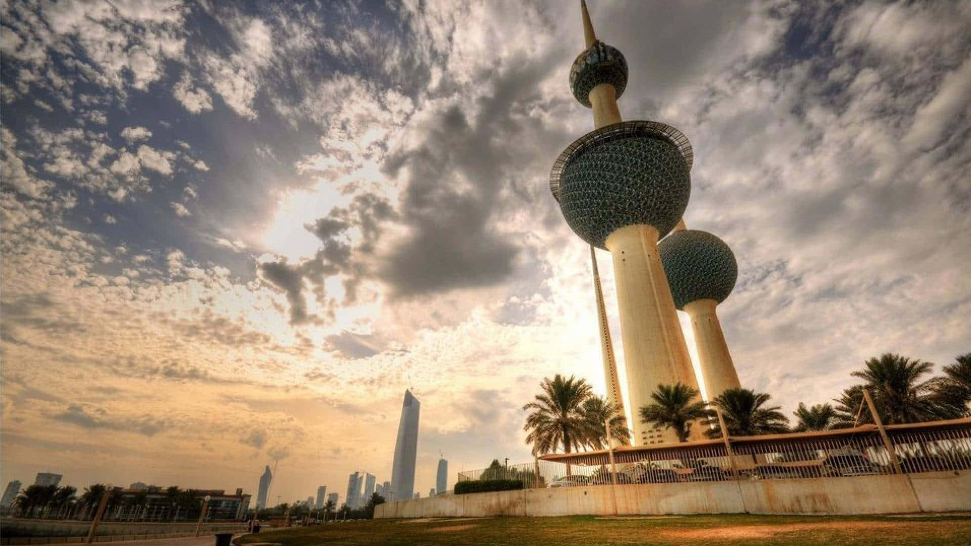 Kuwait Towers, cloudy afternoon sky, dramatic sunset sky, Full HD Desktop Wallpaper