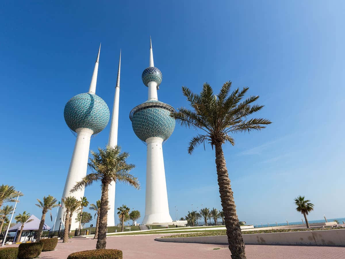 Kuwait Towers, blue mosaic spheres, clear blue sky, SD Desktop Wallpaper
