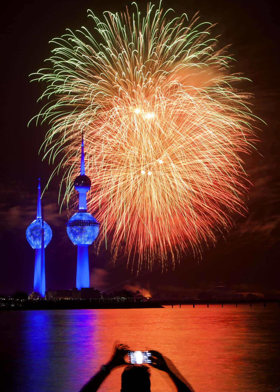 Kuwait Towers, orange and green fireworks, blue-lit Kuwait Towers, HD Phone Wallpaper