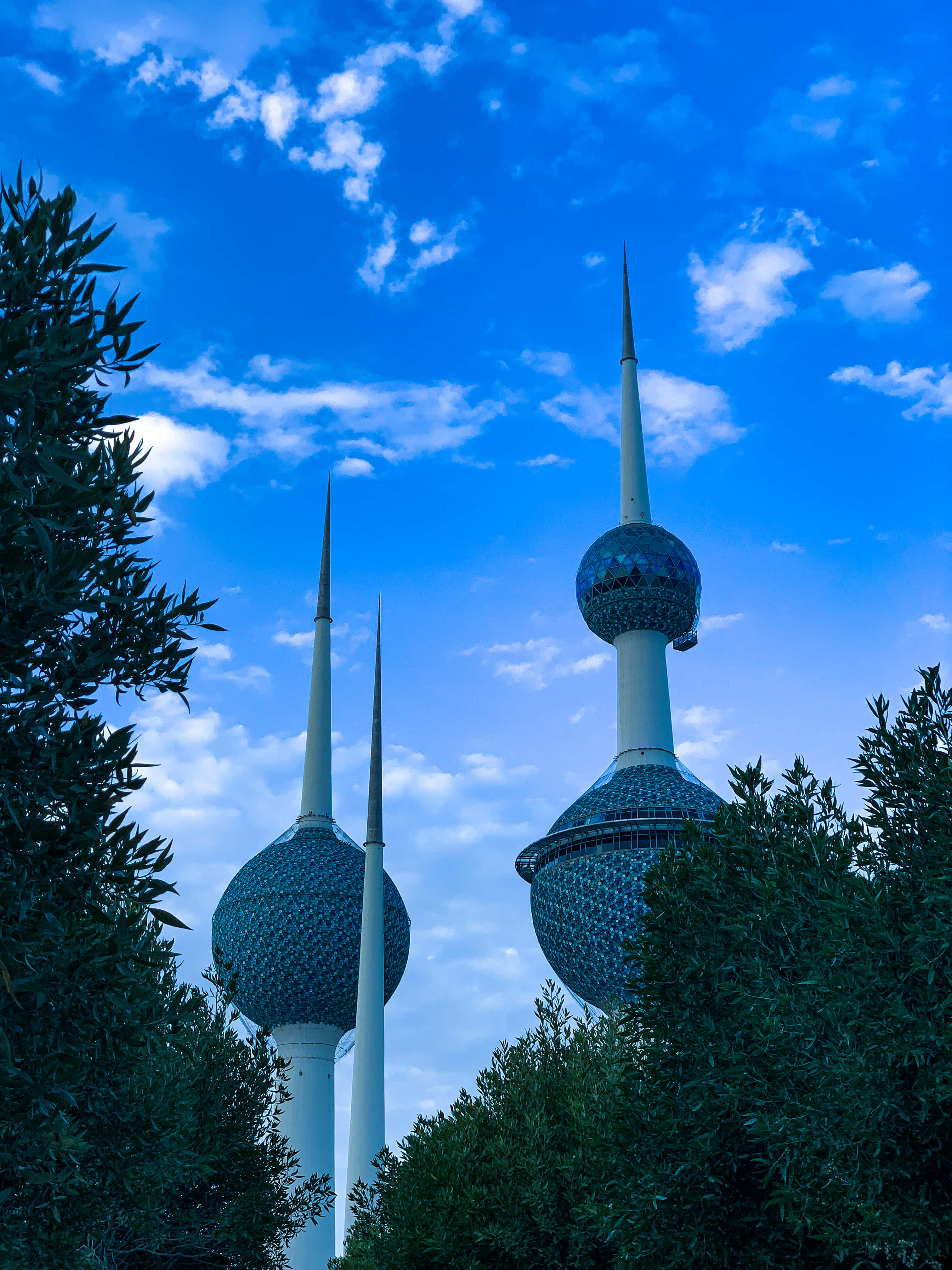 Kuwait Towers, blue sky, fluffy white clouds, 4K Phone Wallpaper