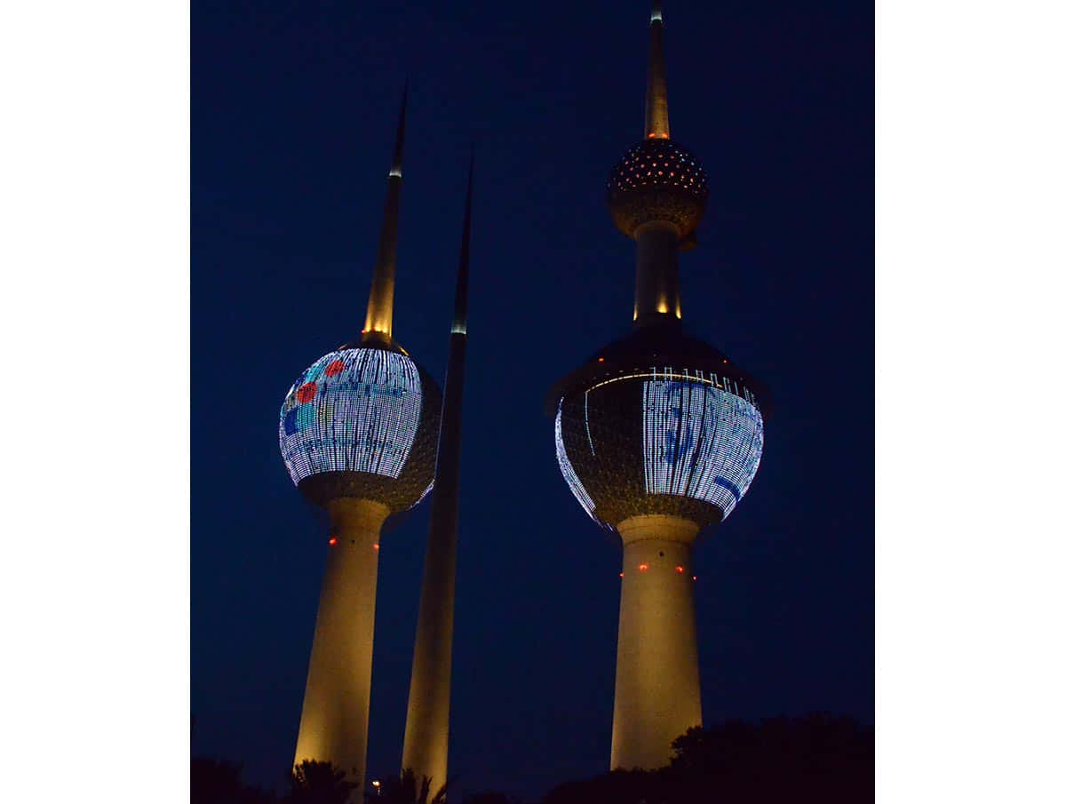 Kuwait Towers, blue and gold, night, SD Desktop Wallpaper