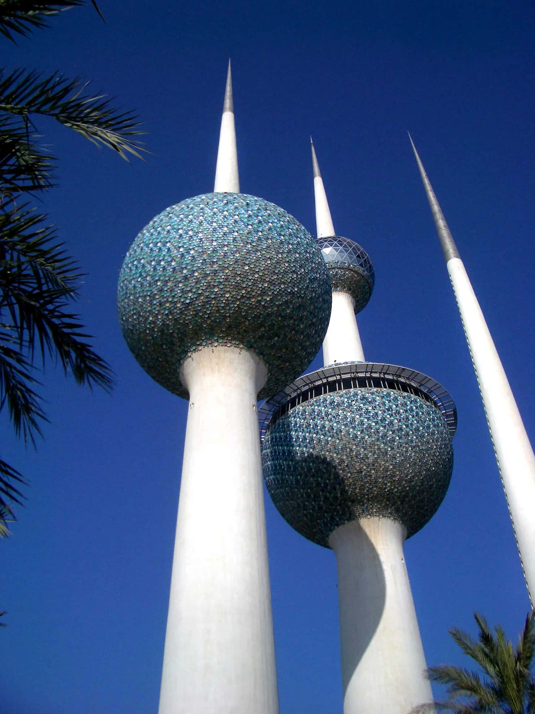 Kuwait Towers, blue sky, palm fronds, Full HD Phone Wallpaper