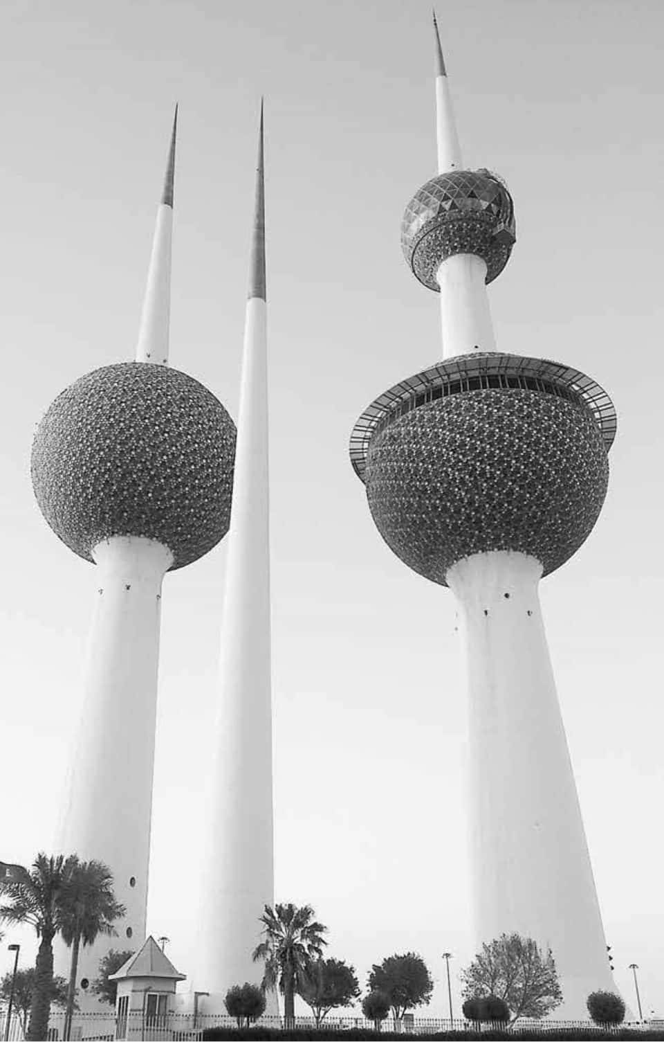 Kuwait Towers, pale sky, palm trees, HD Phone Wallpaper
