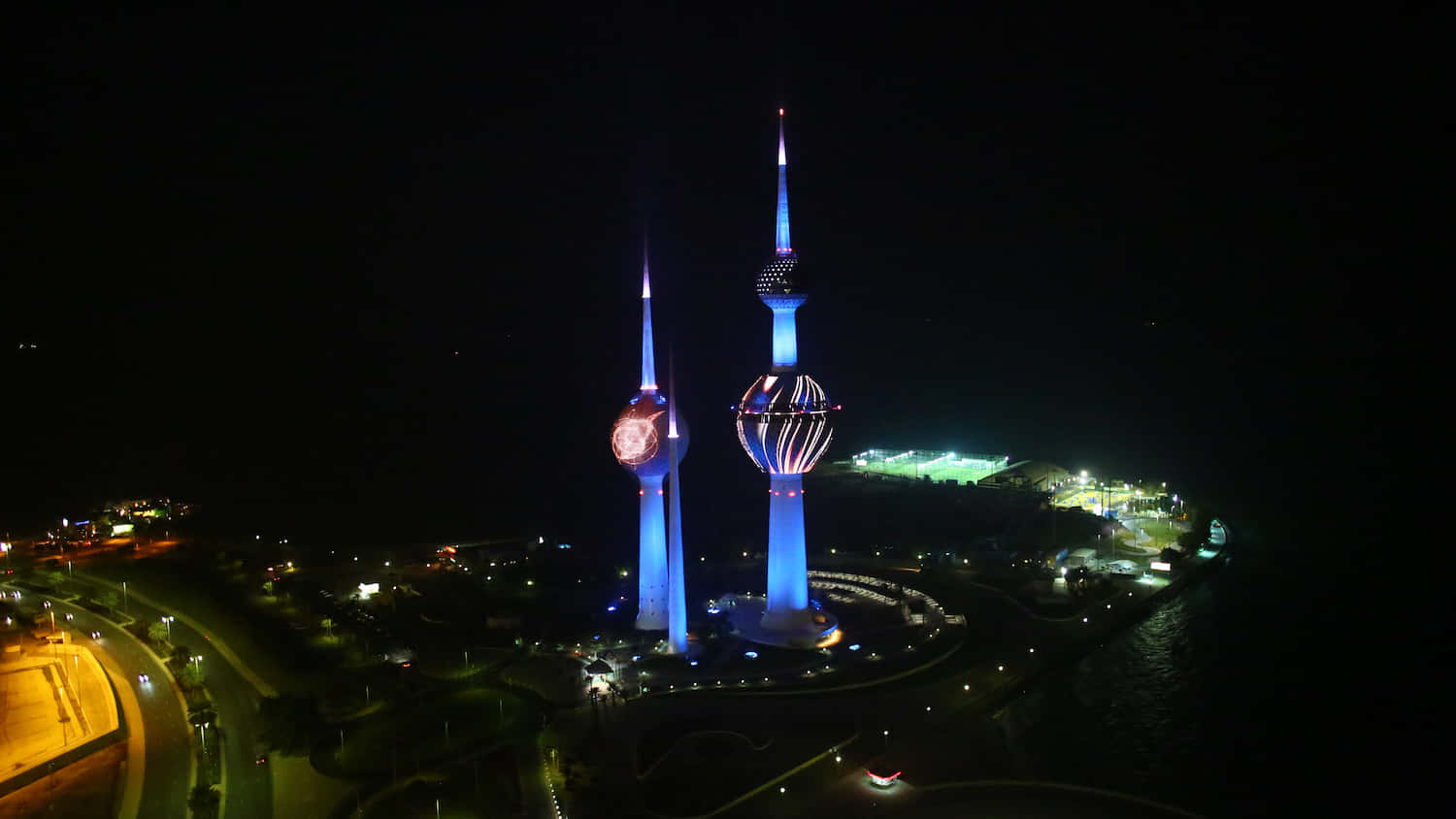 Kuwait Towers, blue lights, red lights, HD Desktop Wallpaper