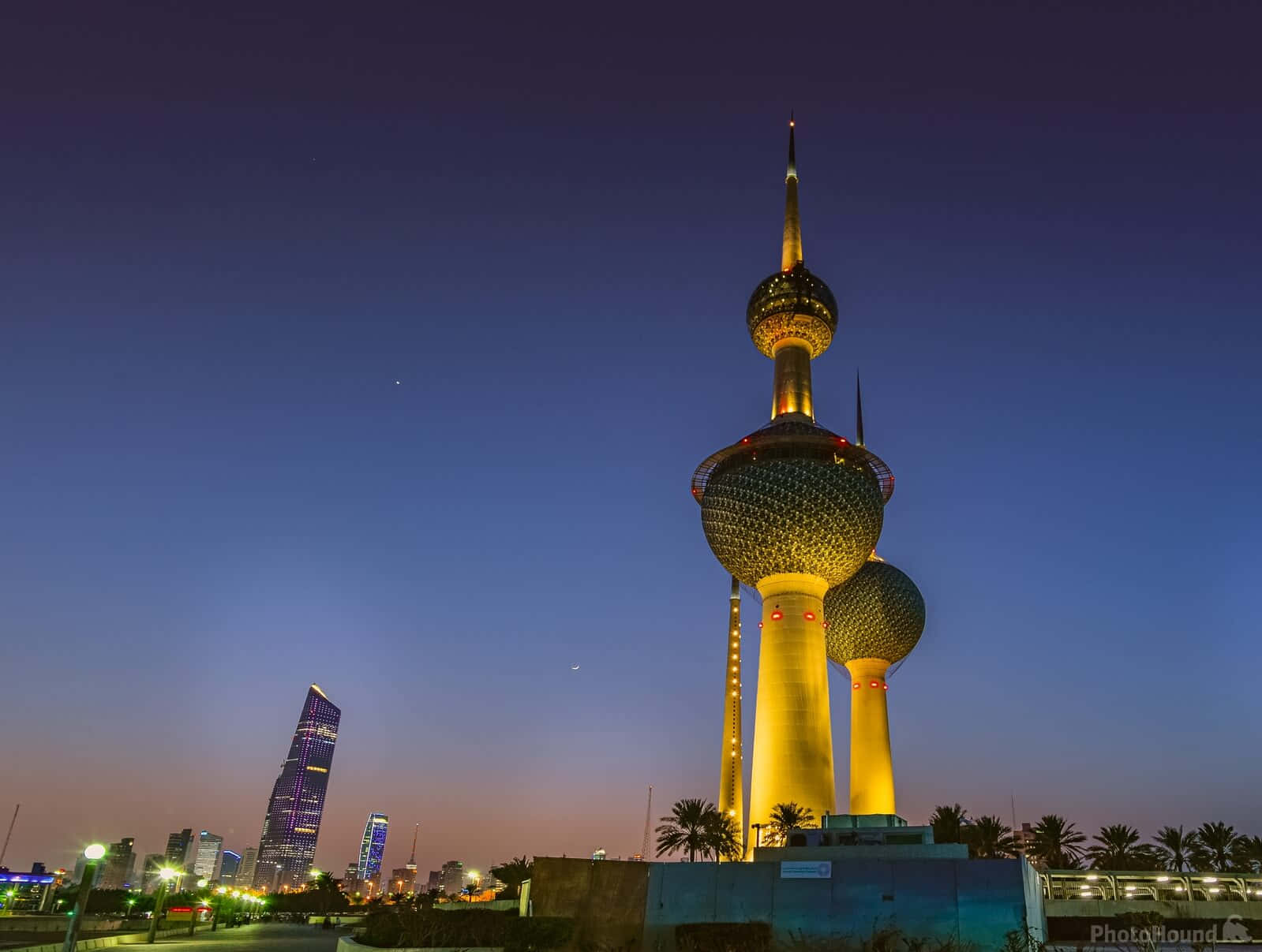 Kuwait Towers, golden, twilight sky, HD Desktop Wallpaper