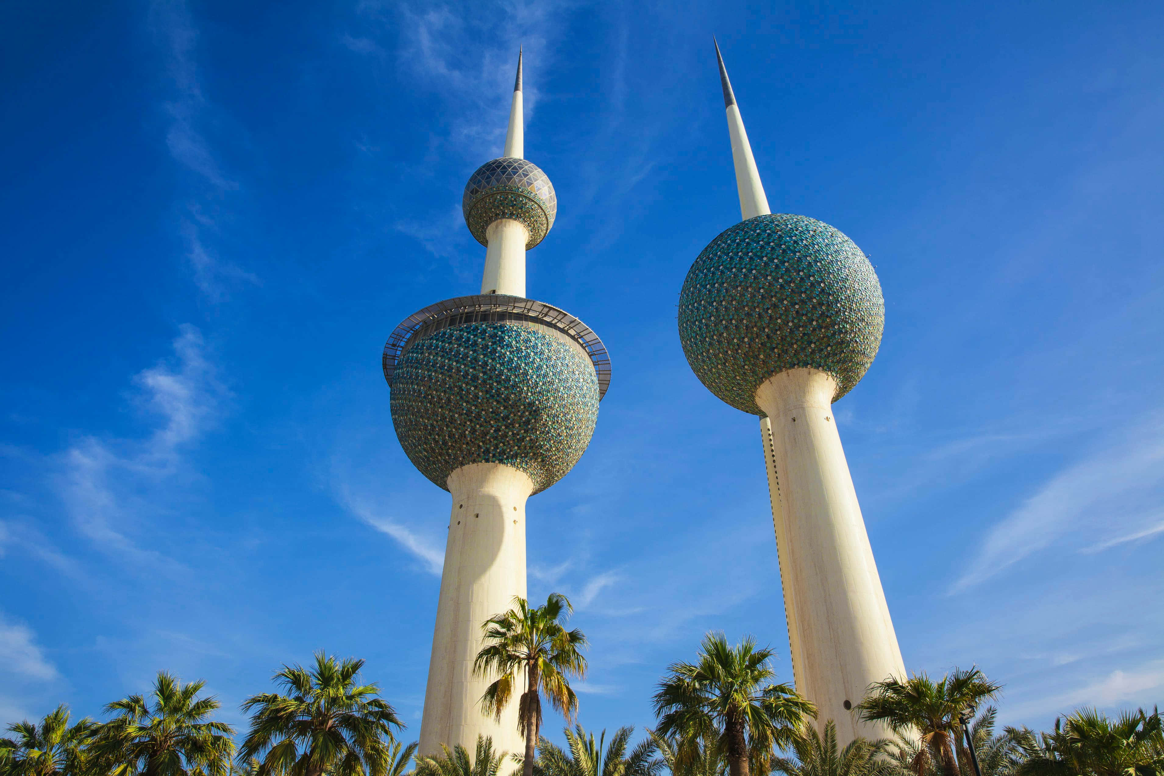 Kuwait Towers, vibrant blue sky, wispy clouds, 2K Desktop Wallpaper