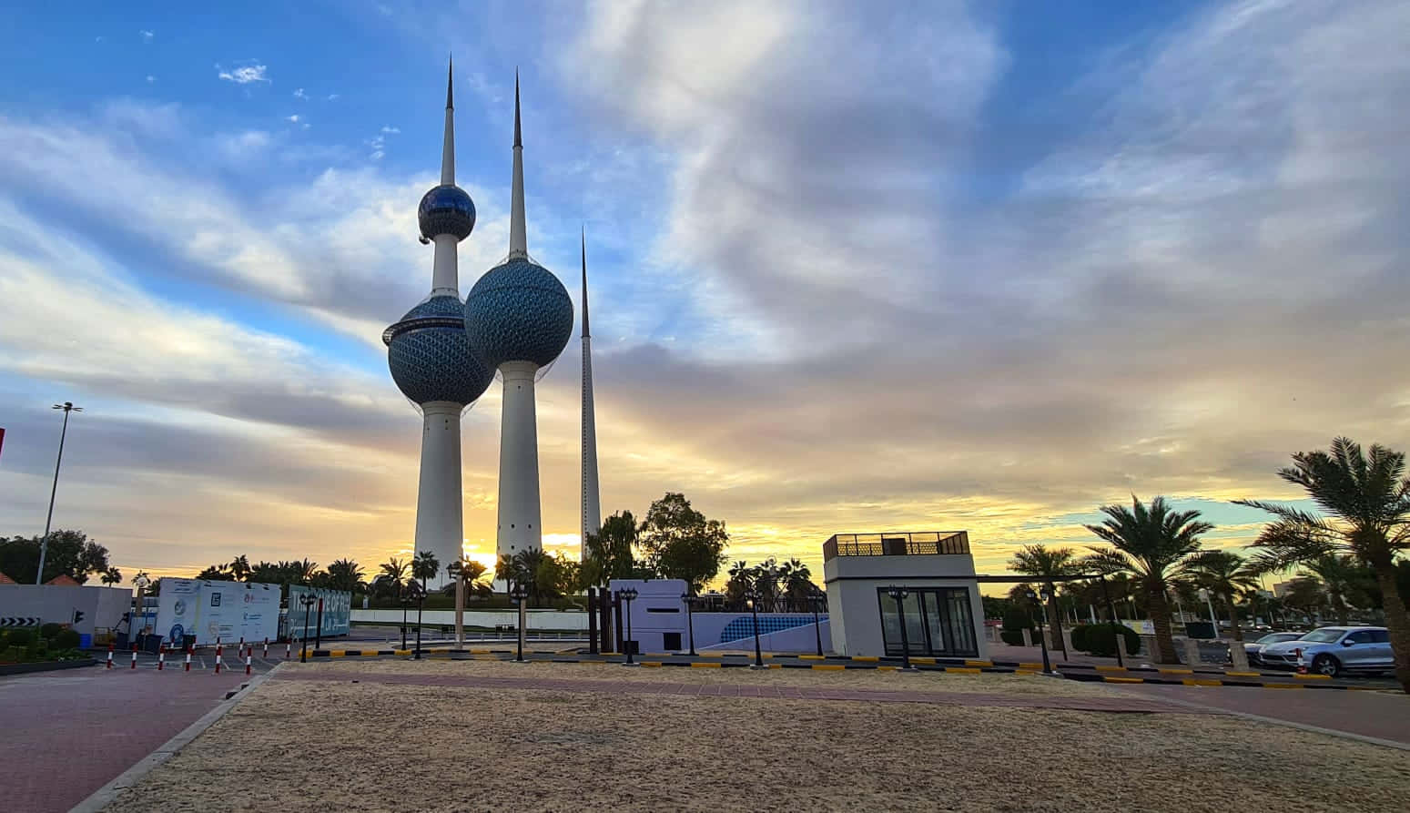 Kuwait Towers, golden sunset sky, scattered clouds, HD Desktop Wallpaper