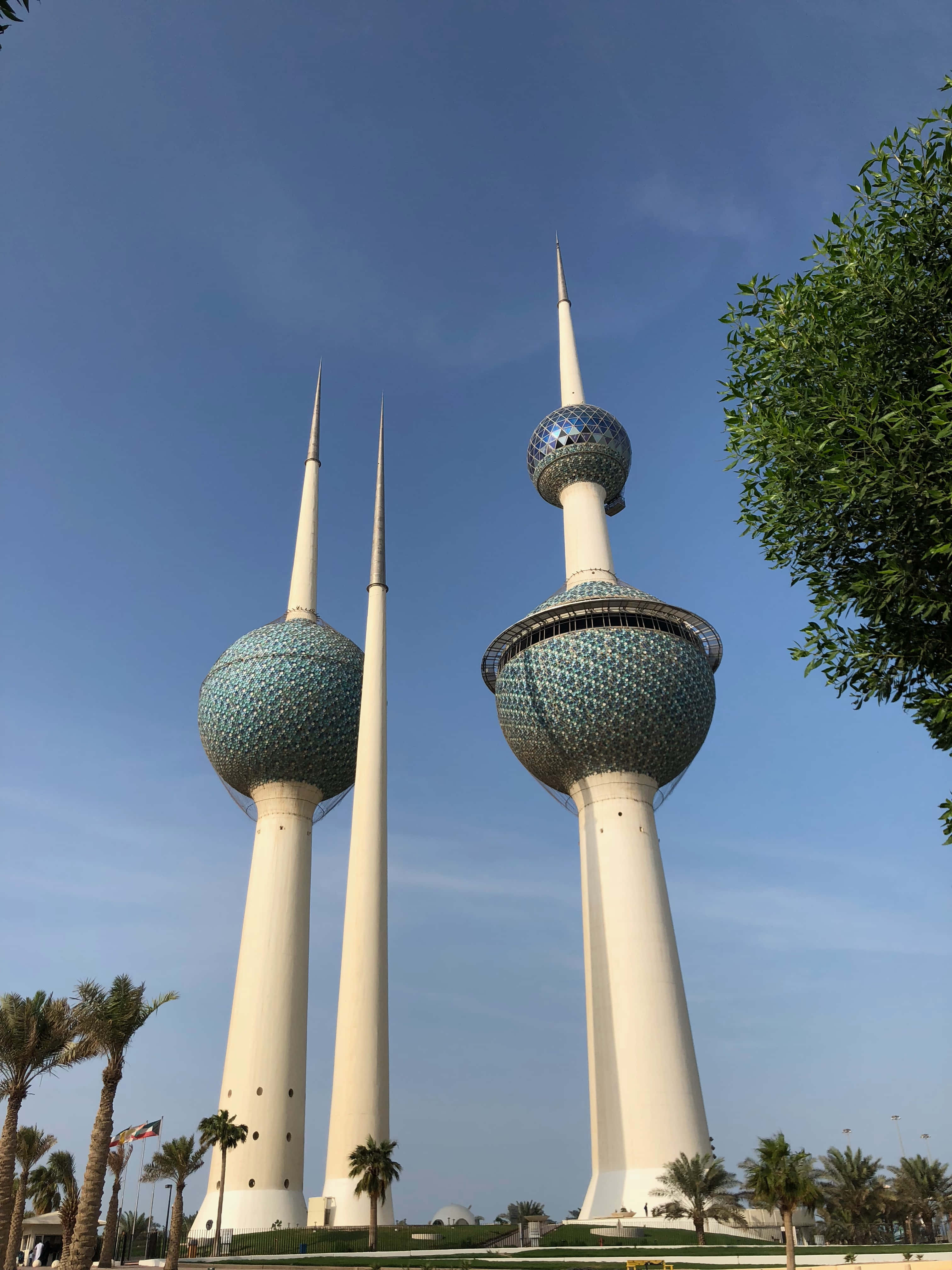 Kuwait Towers, clear blue sky, palm trees, 4K Phone Wallpaper