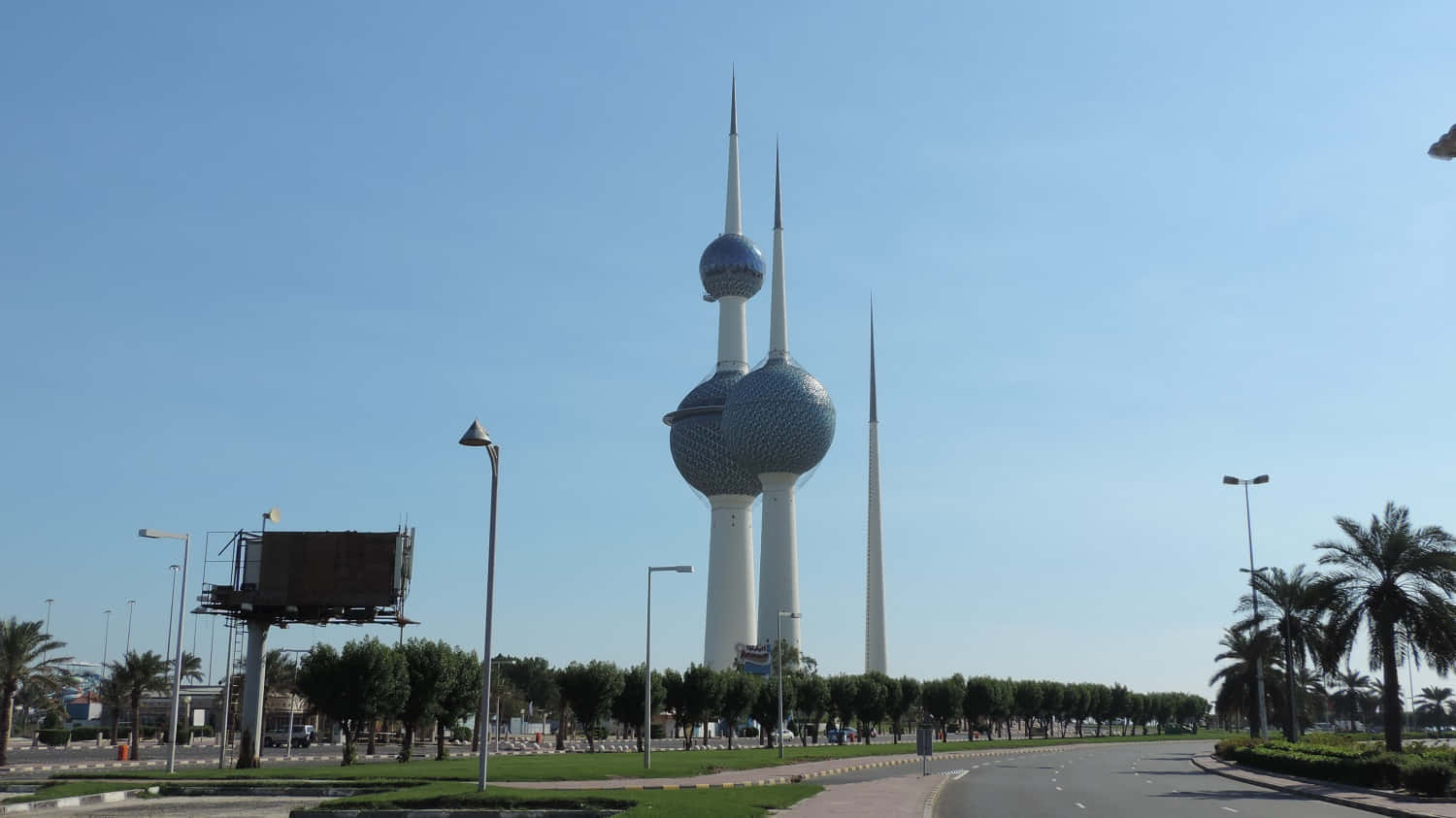 Kuwait Towers, blue sky, palm trees, HD Desktop Wallpaper