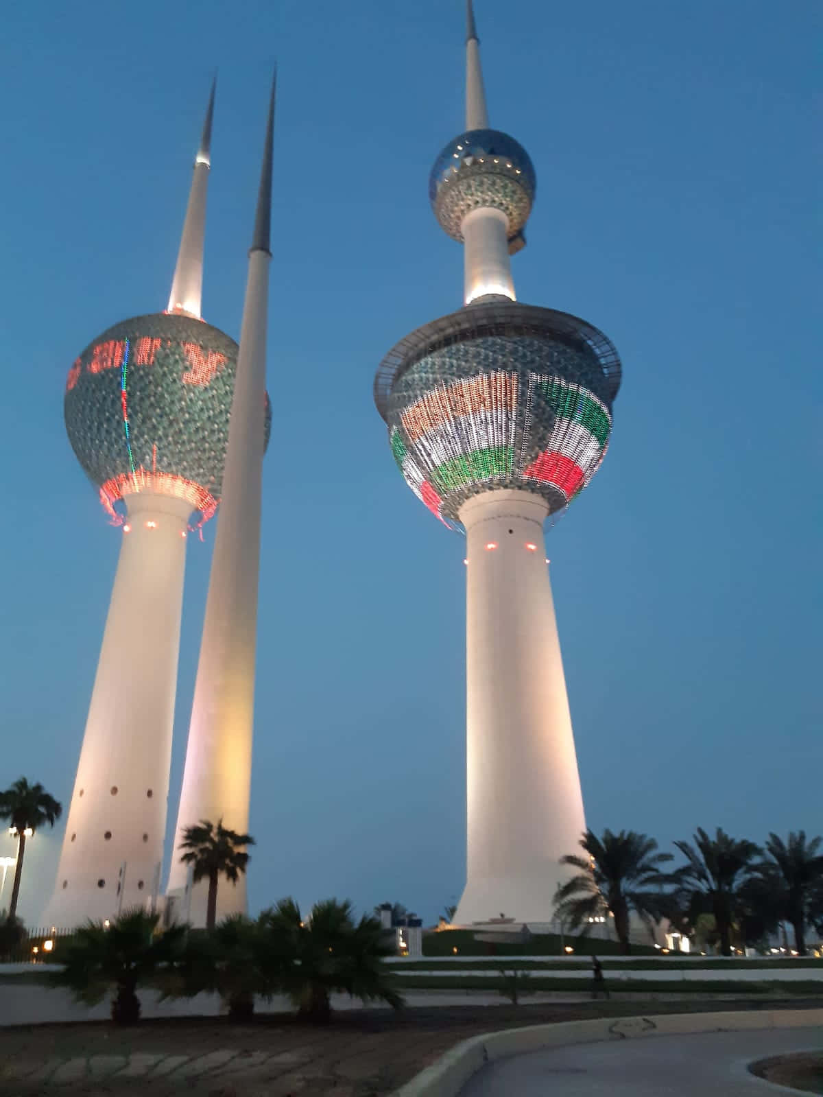 Kuwait Towers, dusk, vibrant lights, HD Phone Wallpaper