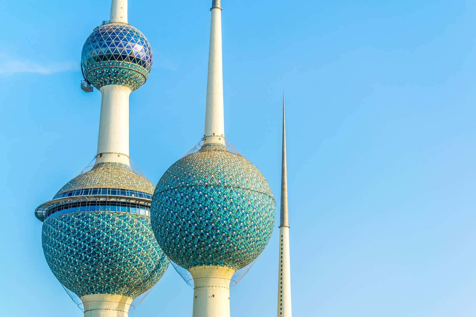 Kuwait Towers, mosaic blue spheres, clear blue sky, HD Desktop Wallpaper