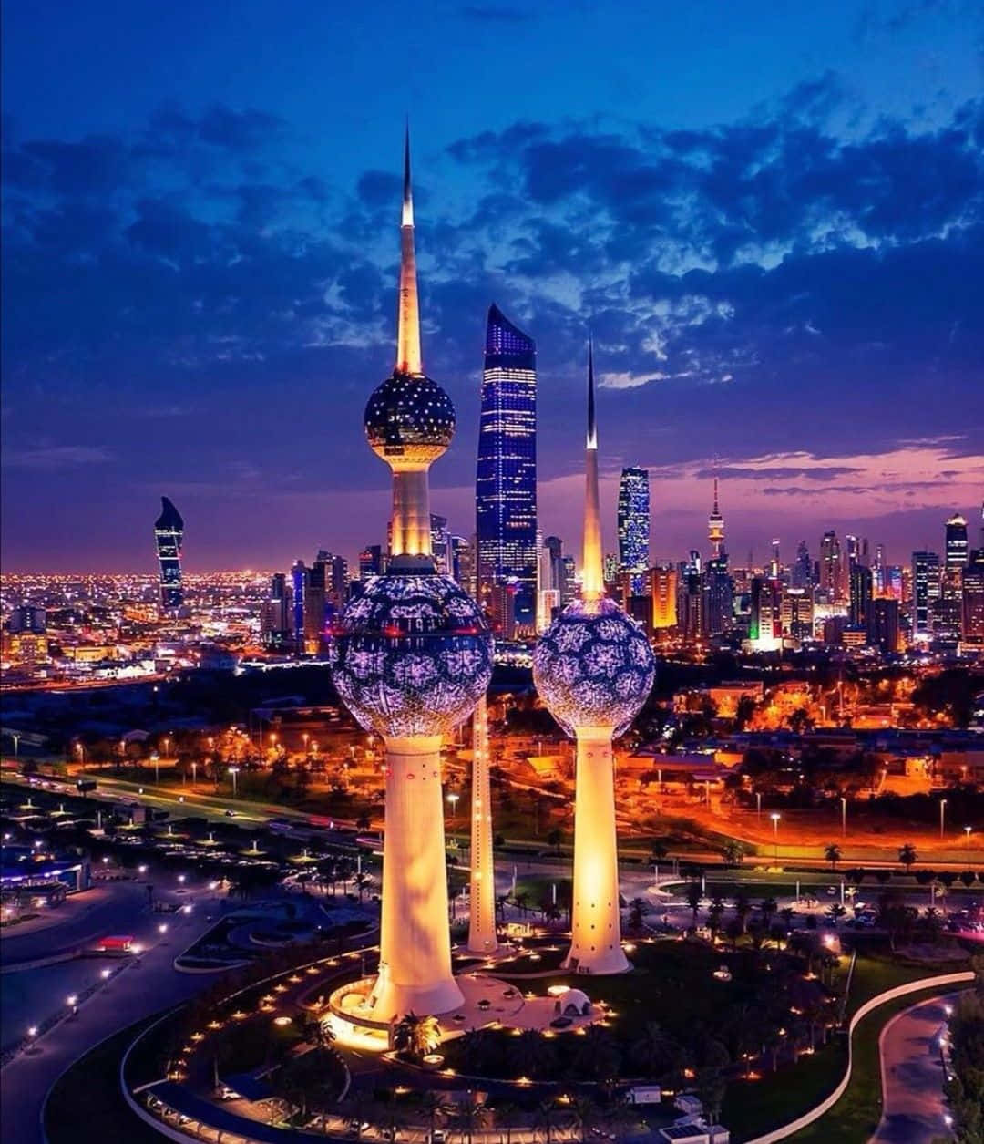 Kuwait Towers, twilight sky, glowing skyscrapers, SD Phone Wallpaper