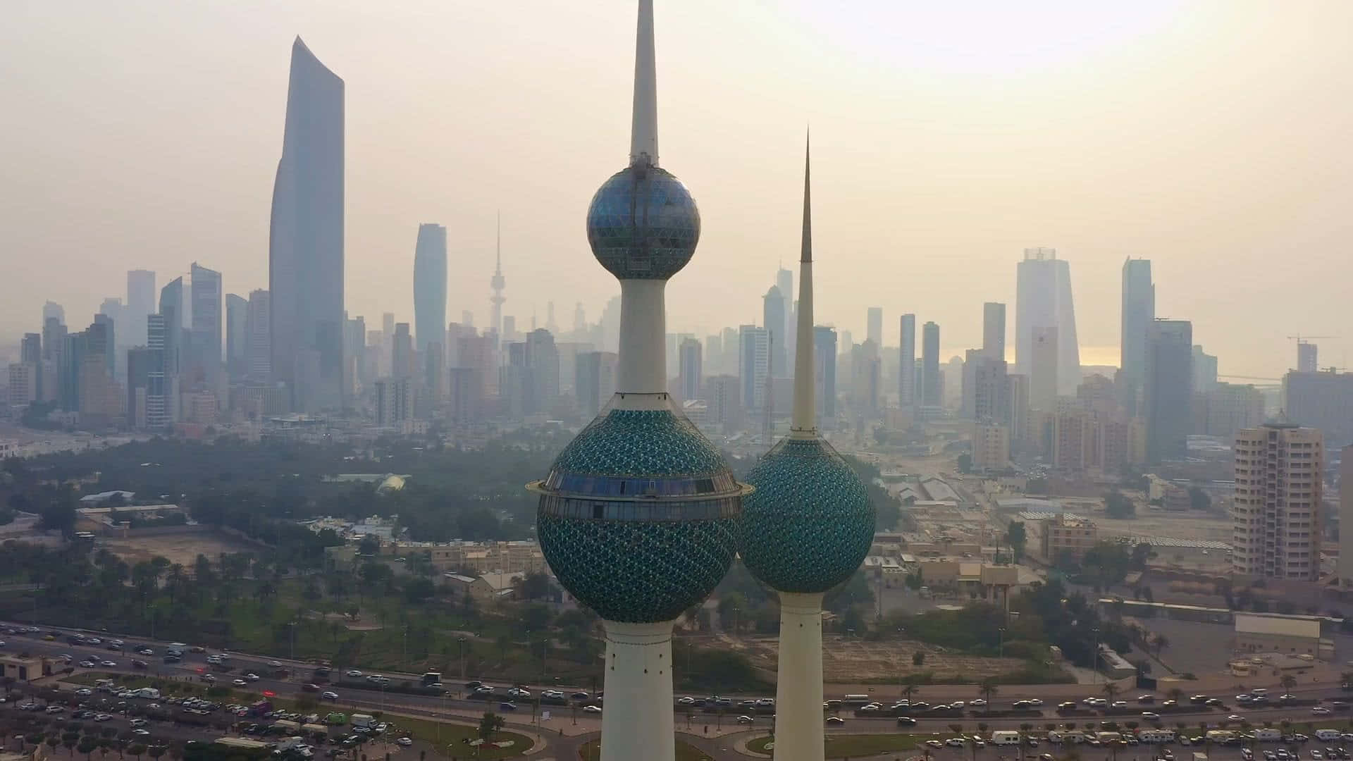 Kuwait Towers, teal domes, hazy cityscape, Full HD Desktop Wallpaper
