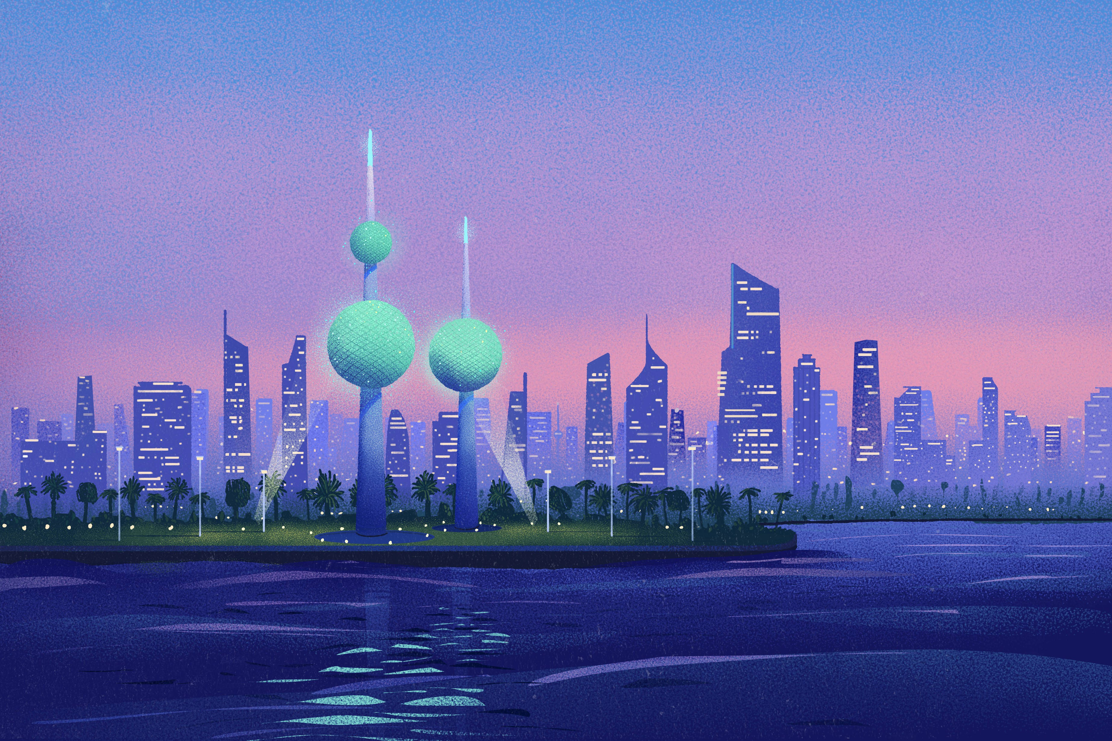 Kuwait, futuristic city skyline, dusk, 2K Desktop Wallpaper