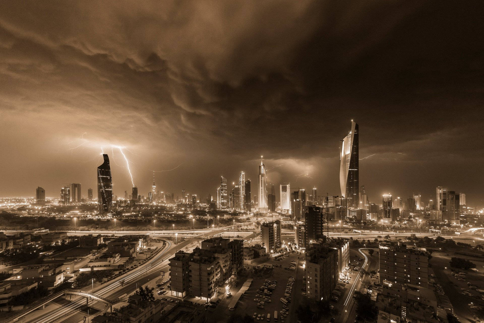 Kuwait, sepia-colored, night, Full HD Desktop Wallpaper