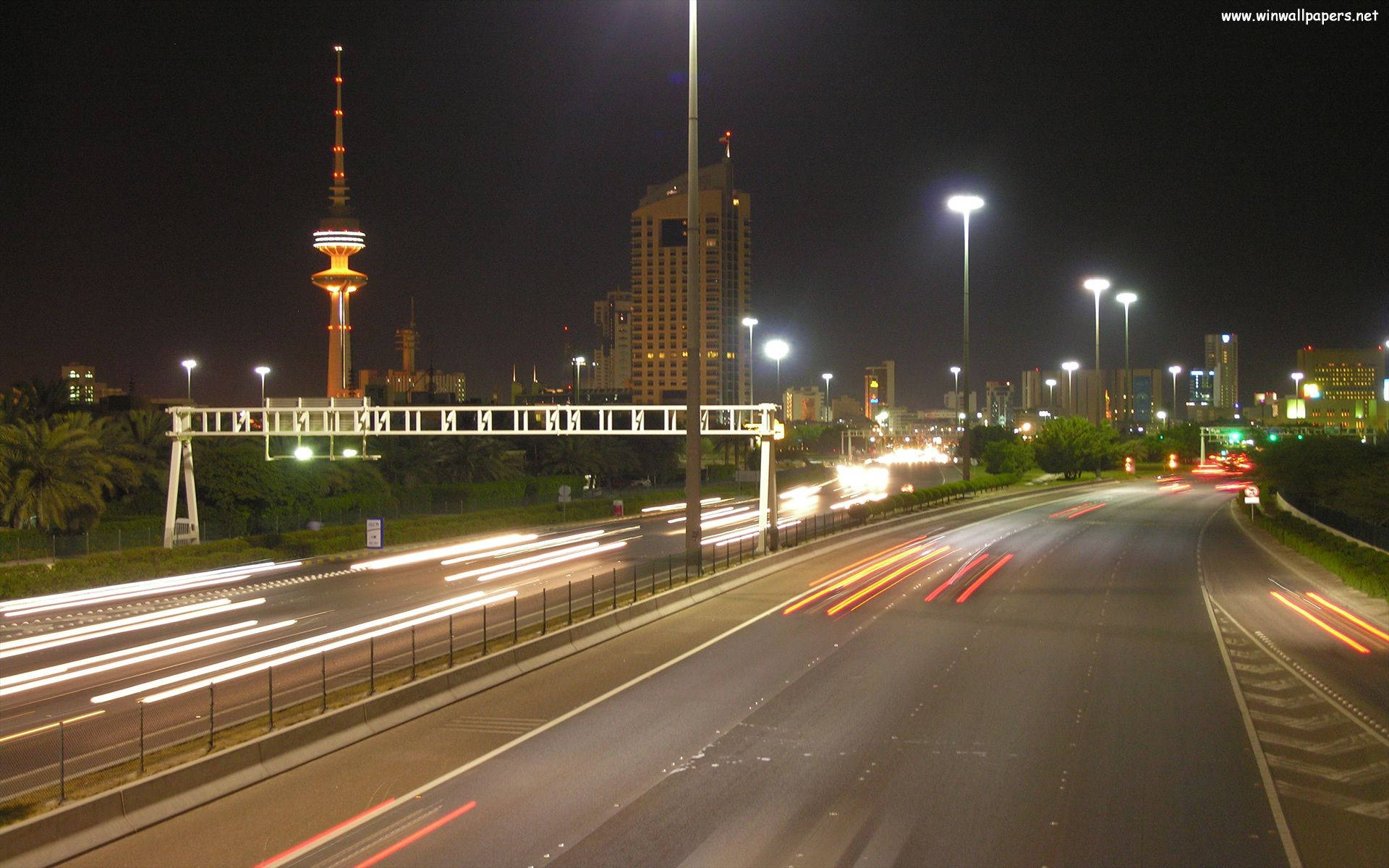 Kuwait, Nighttime city highway, light trails from cars, Full HD Desktop Wallpaper