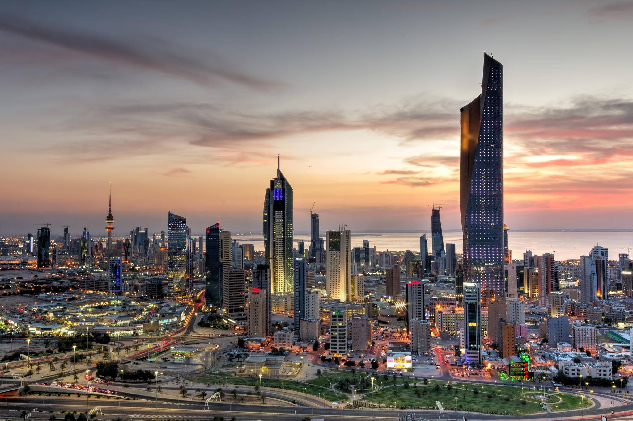 Kuwait, sunset, towering skyscrapers, Full HD Desktop Wallpaper