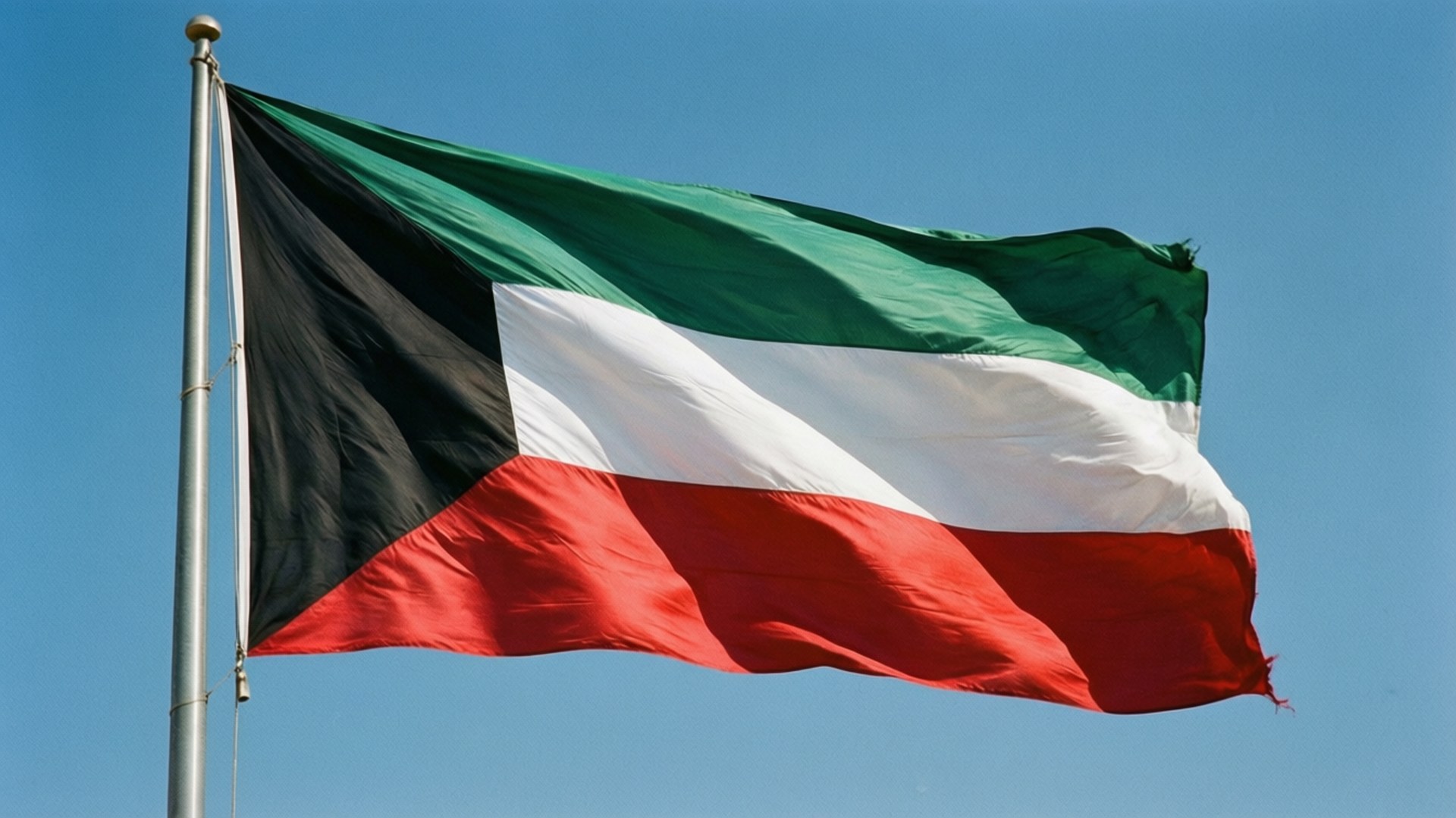 Kuwait flag, black green white and red stripes, clear blue sky, Full HD Desktop Wallpaper