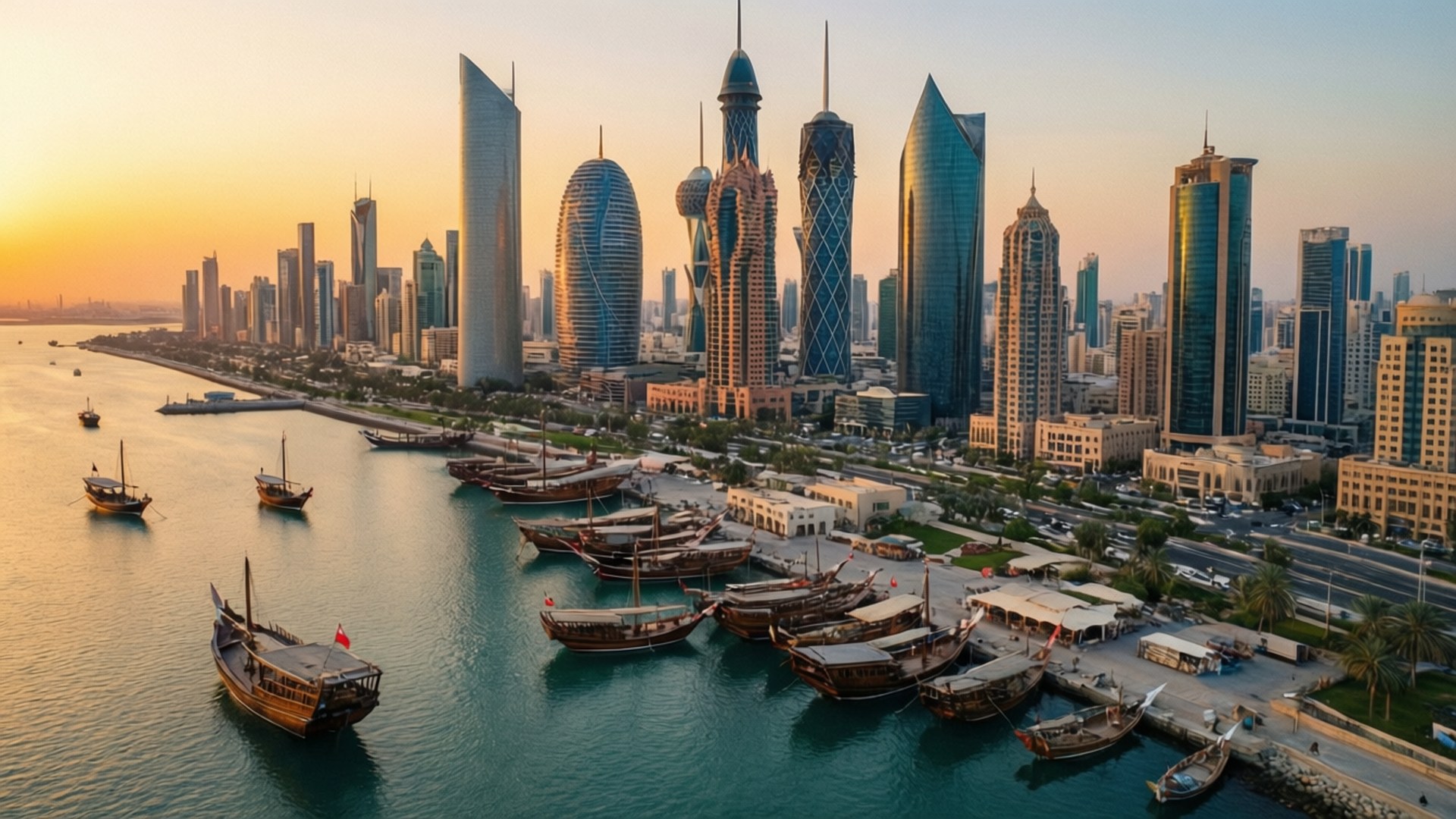 Kuwait skyline, sunset, futuristic skyscrapers, Full HD Desktop Wallpaper