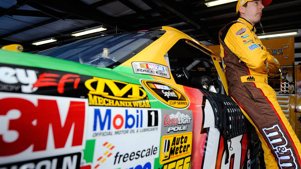 Kyle Busch, yellow race car, sponsor logos, SD Desktop Wallpaper