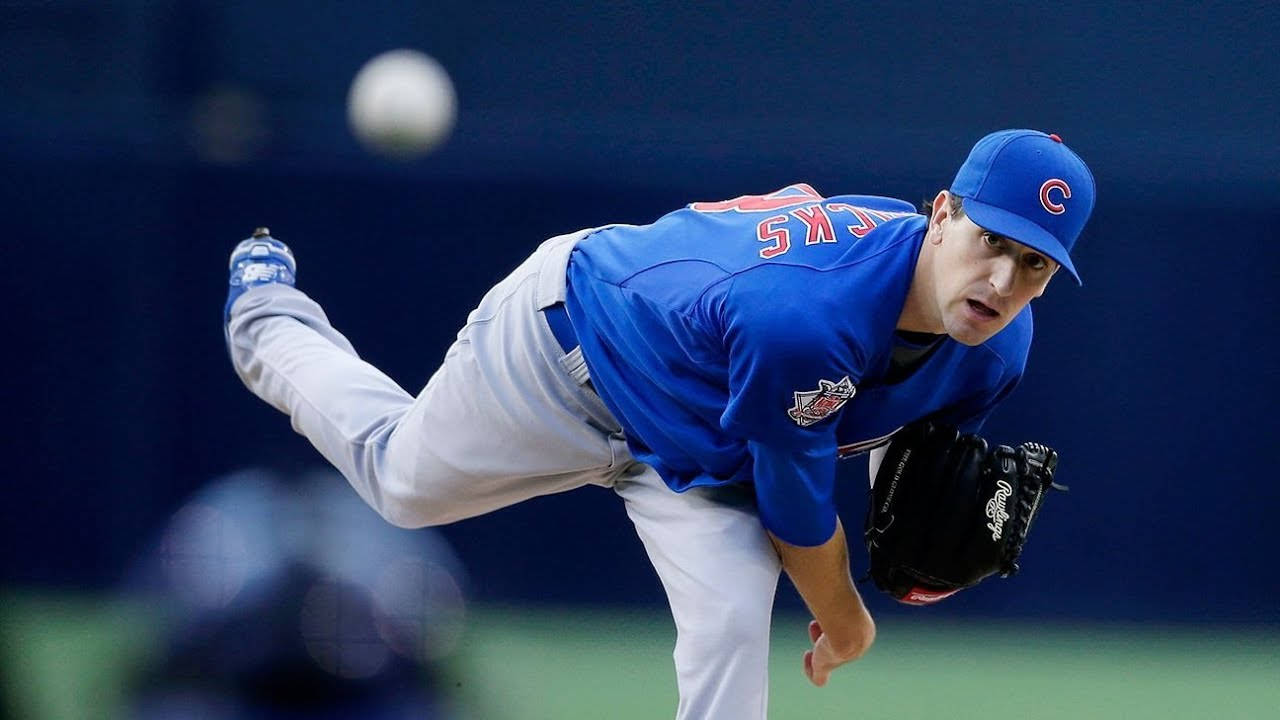 Kyle Hendricks, blue Cubs uniform, pitching a baseball, HD Desktop Wallpaper