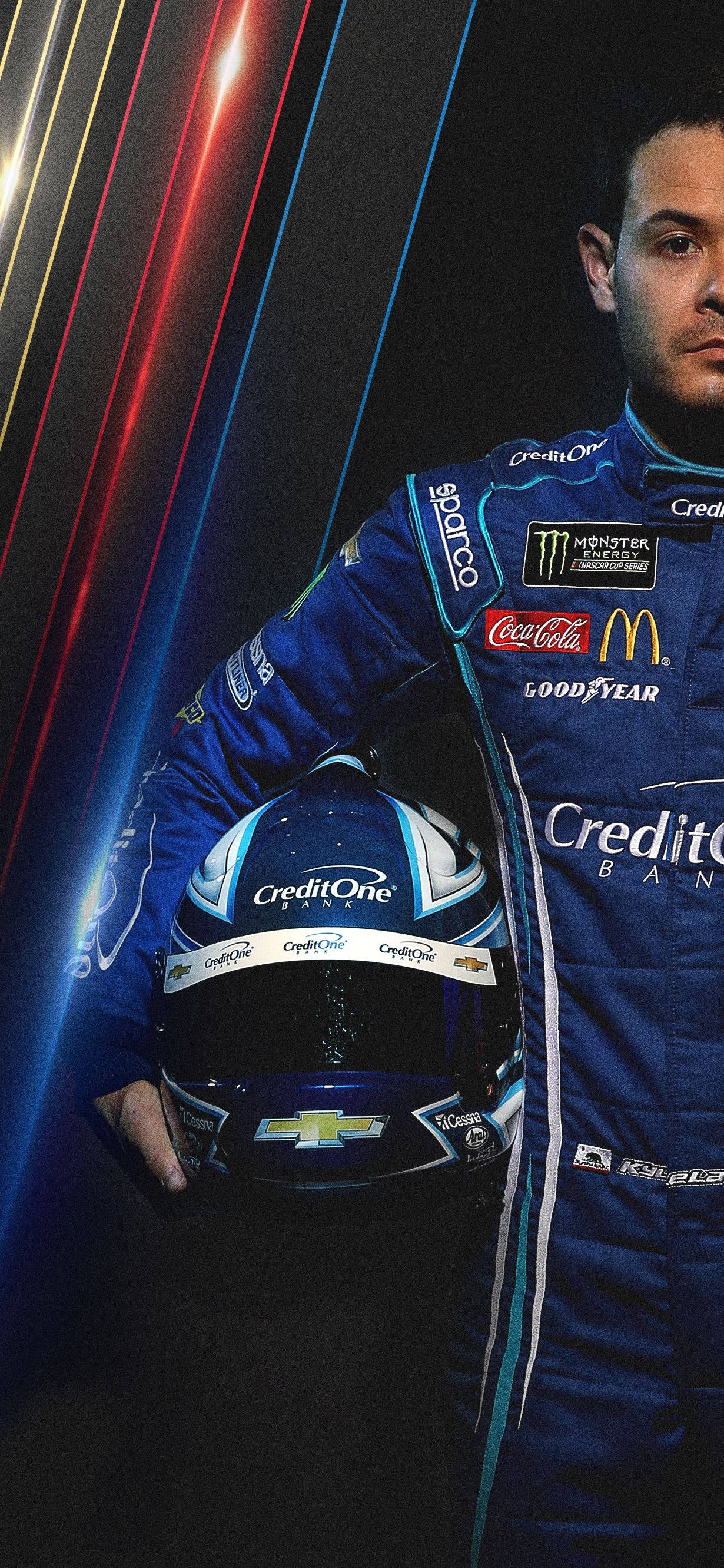 Kyle Larson, blue suit, helmet, 2K Phone Wallpaper