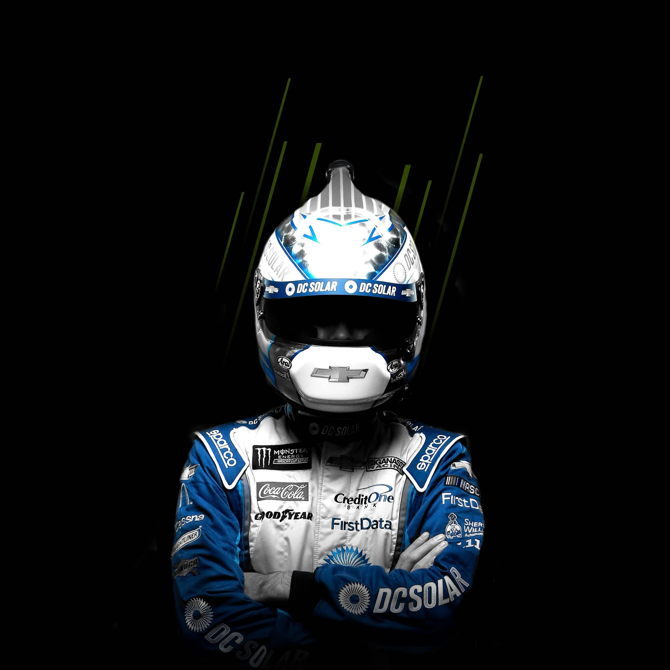 Kyle Larson, blue and white racing suit, helmet, 2K Desktop Wallpaper