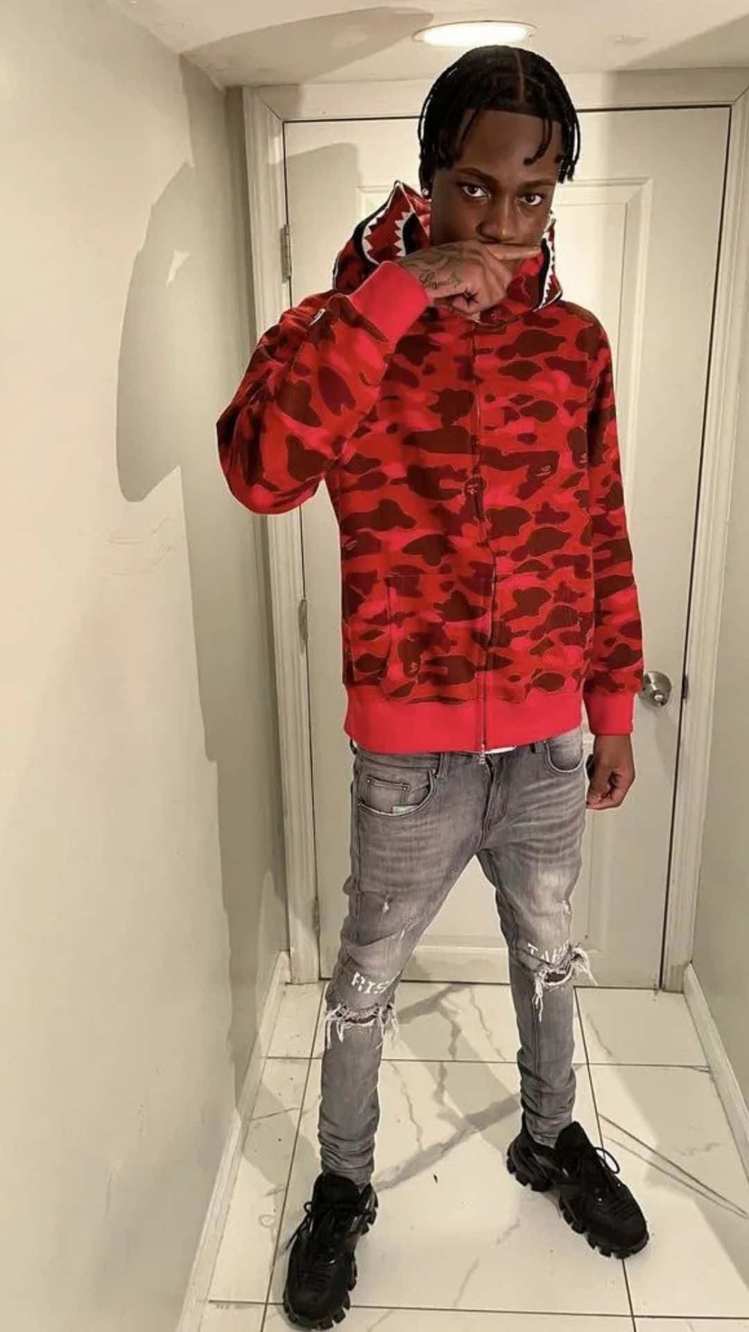Kyle Richh, red camouflage hoodie, ripped jeans, Full HD Phone Wallpaper