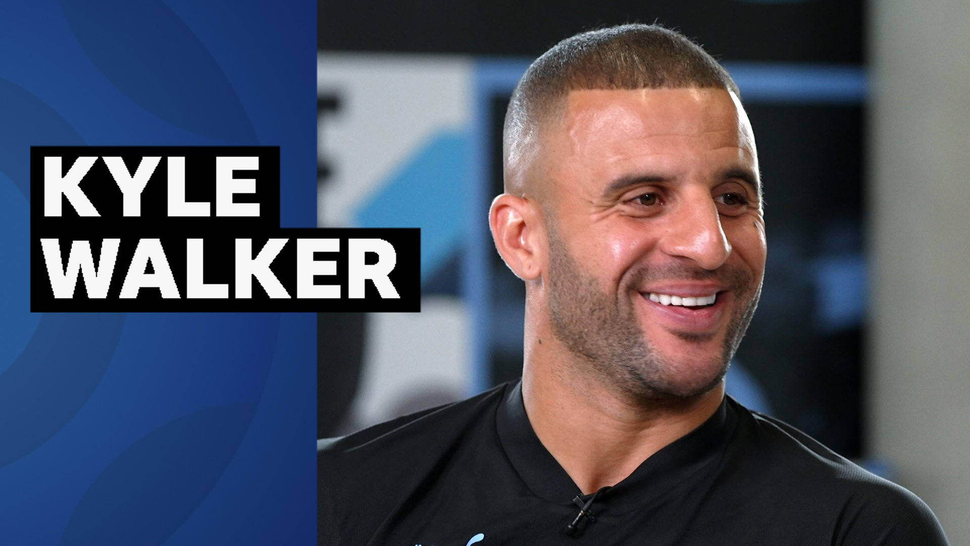 Kyle Walker, black shirt, blue graphic background, Full HD Desktop Wallpaper