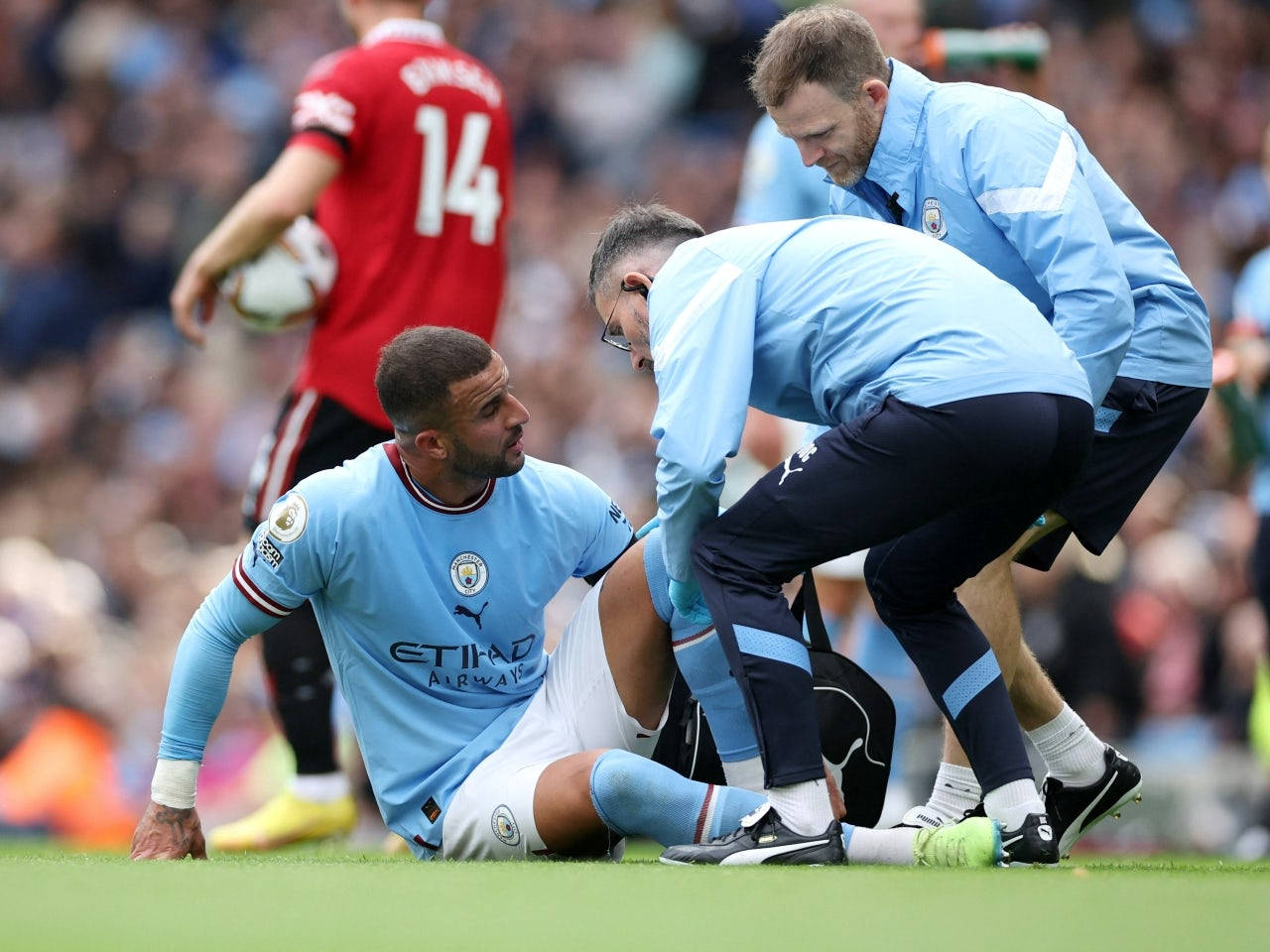 Kyle Walker, light blue jersey, grass, HD Desktop Wallpaper