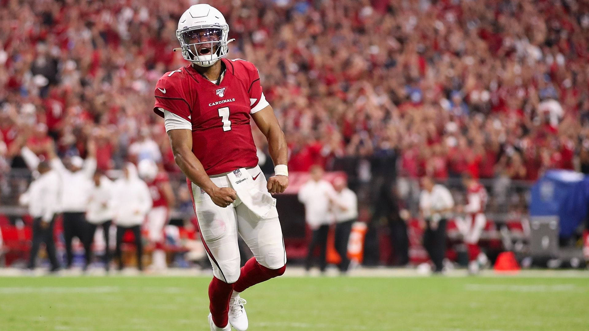 Kyler Murray, red and white uniform, vibrant green field, Full HD Desktop Wallpaper