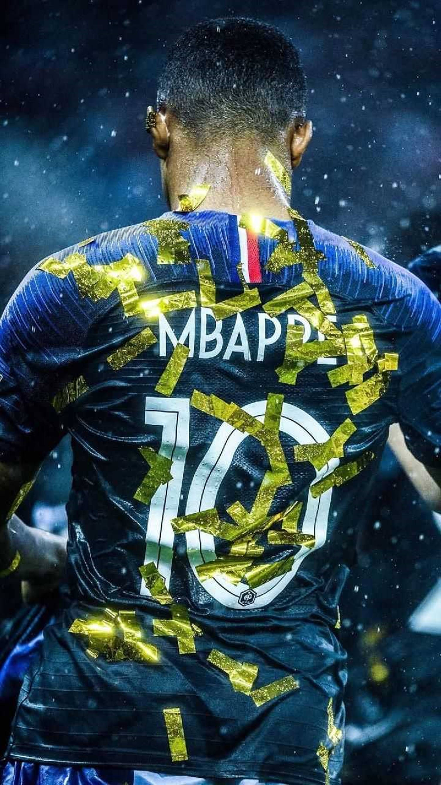 Kylian Mbappe, blue jersey, gold confetti, 2K Phone Wallpaper