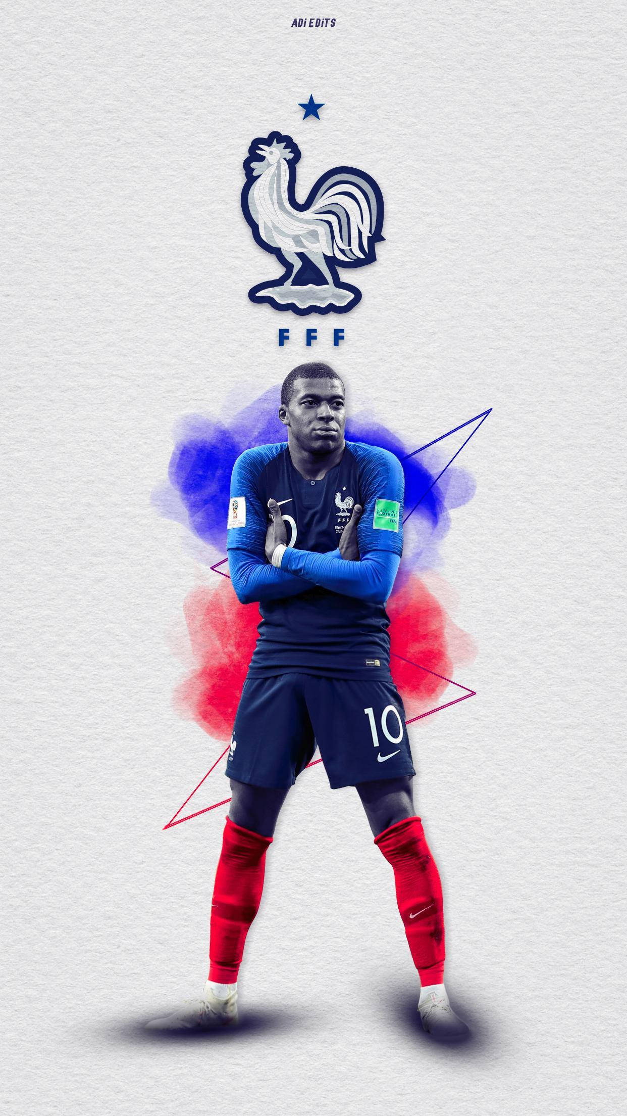 Kylian Mbappe, blue jersey, national cockerel emblem, Full HD Phone Wallpaper