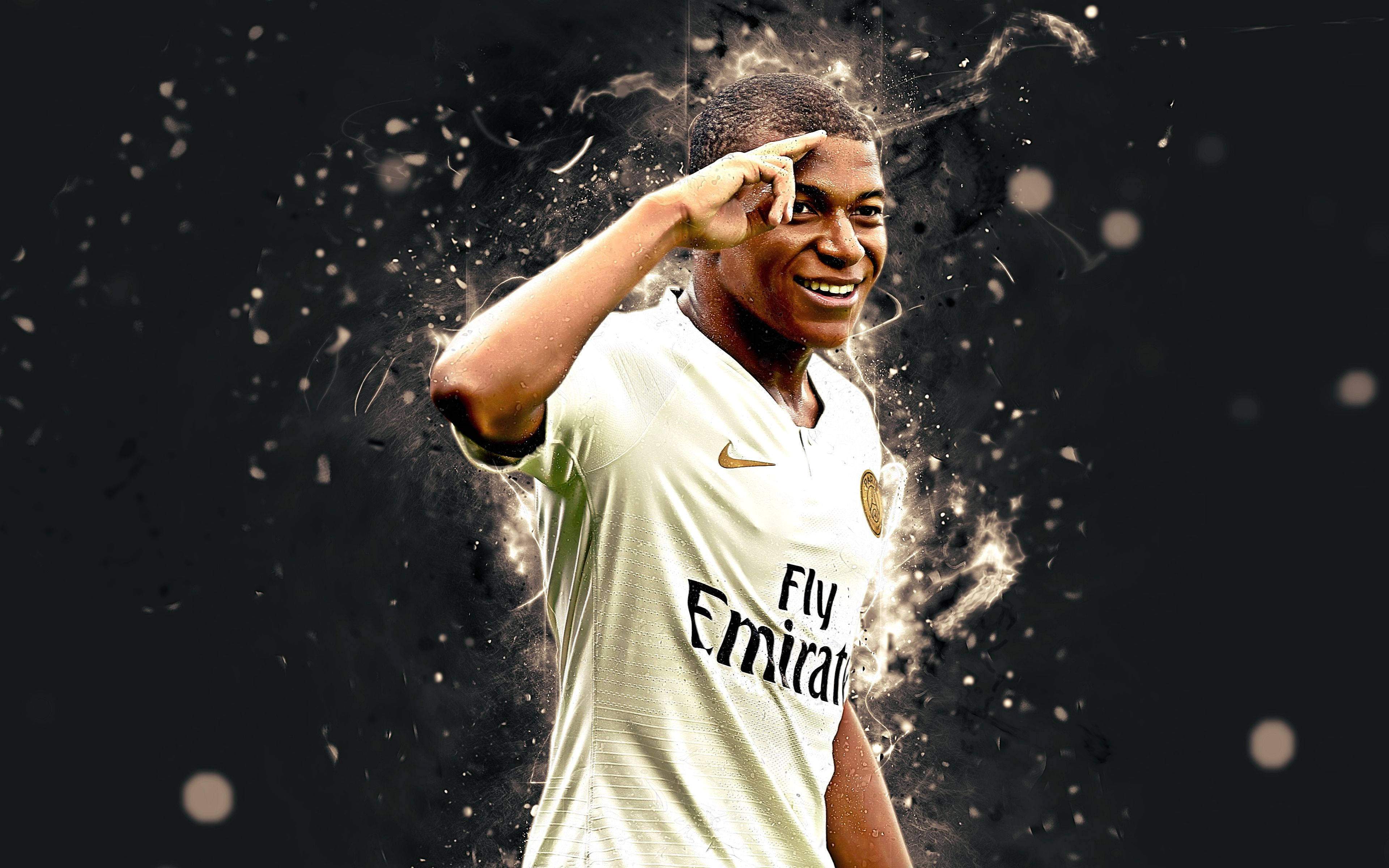 Kylian Mbappe, white jersey, peace sign, 4K Desktop Wallpaper