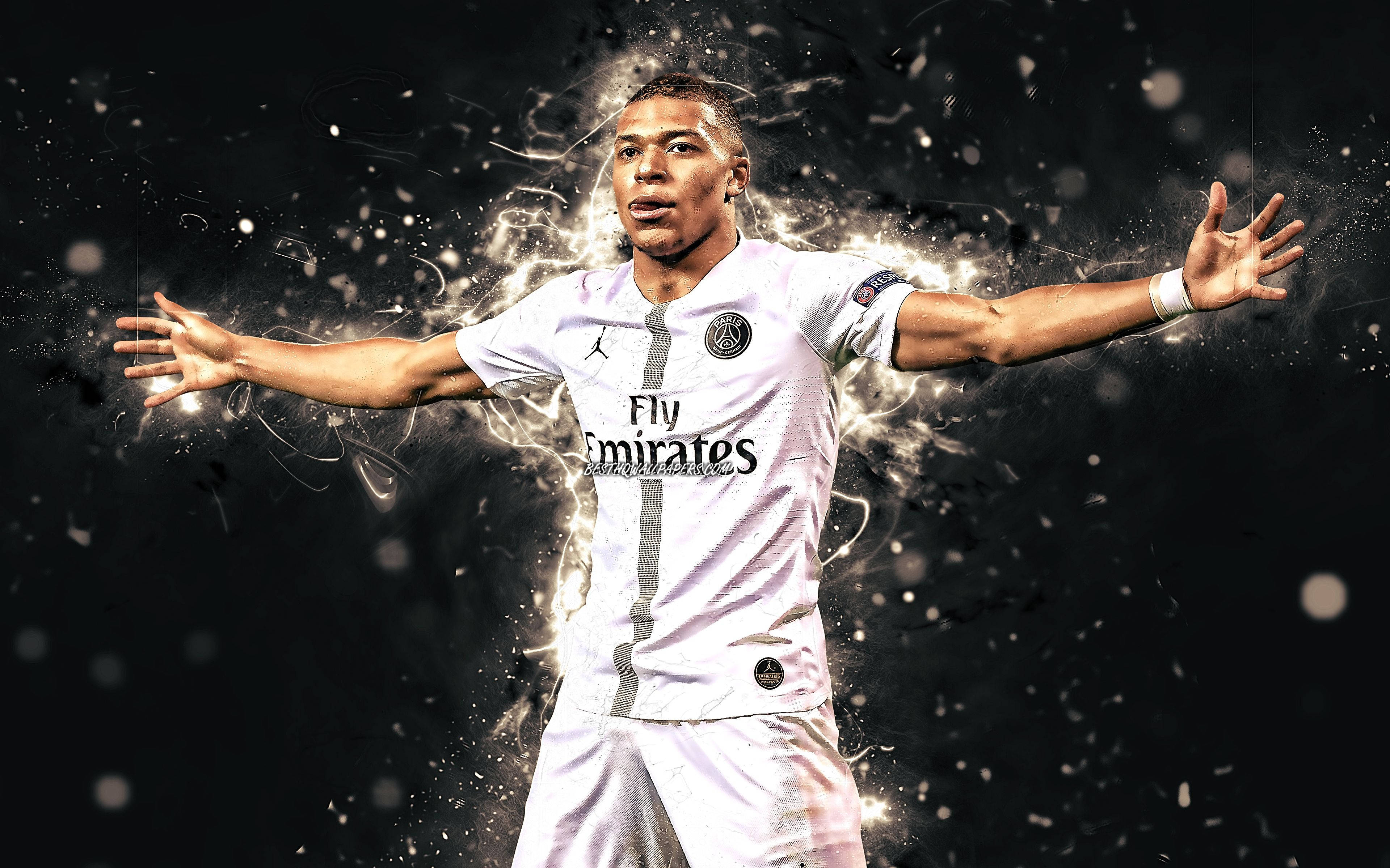 Kylian Mbappe, white jersey, neon lights, 4K Desktop Wallpaper